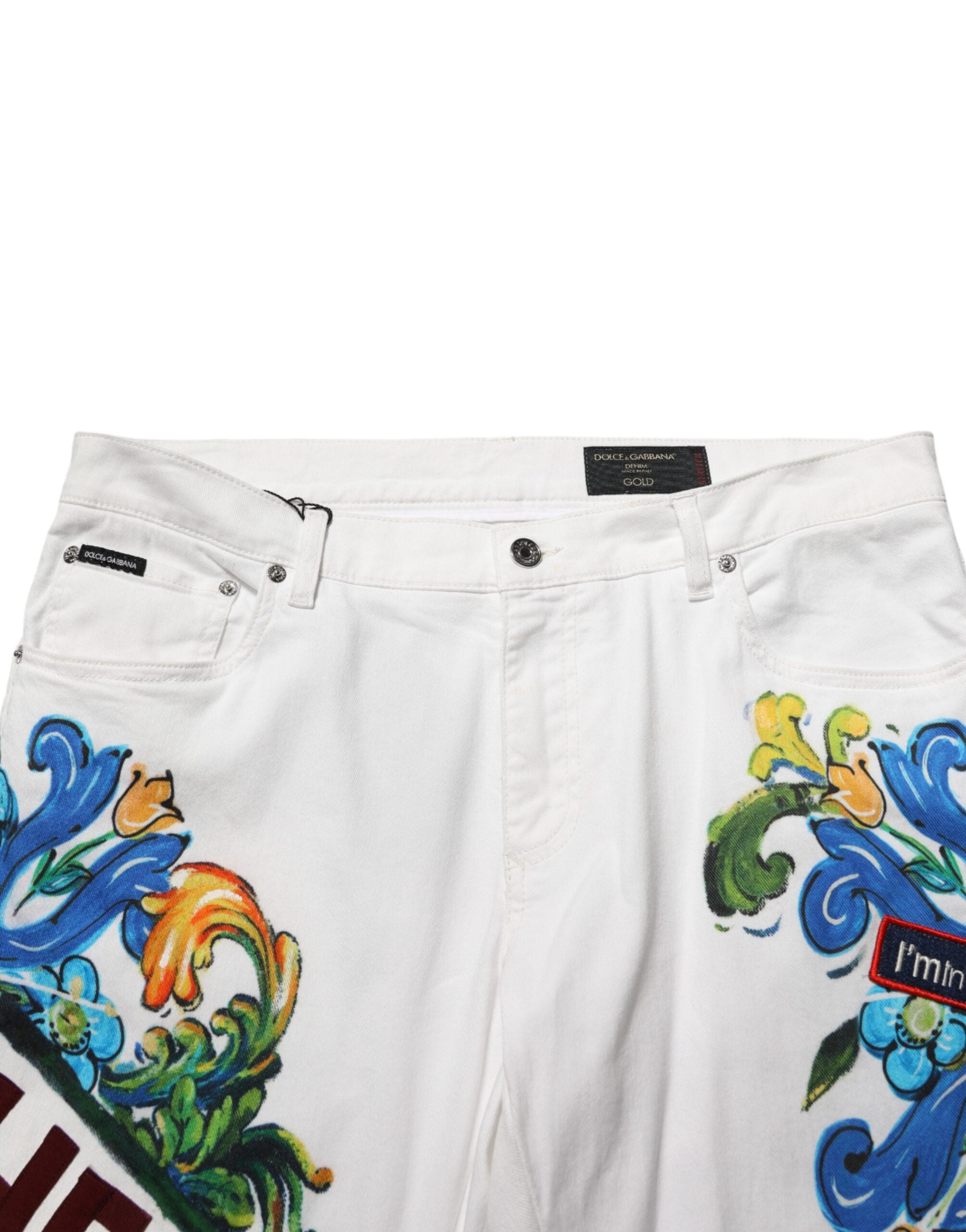 Dolce & Gabbana White Graffiti Print Skinny GOLD Denim Men's Jeans (Pre-Owned)