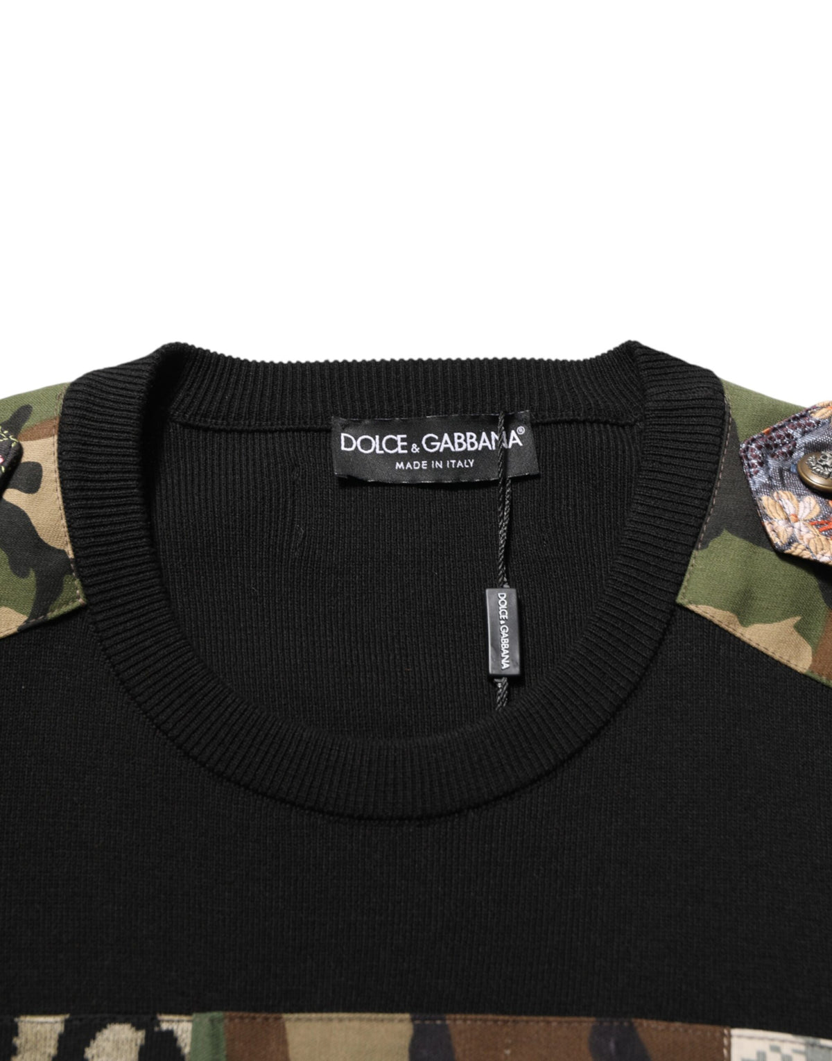 Dolce & Gabbana Black Patchwork Crew Neck Pullover Men's Sweater