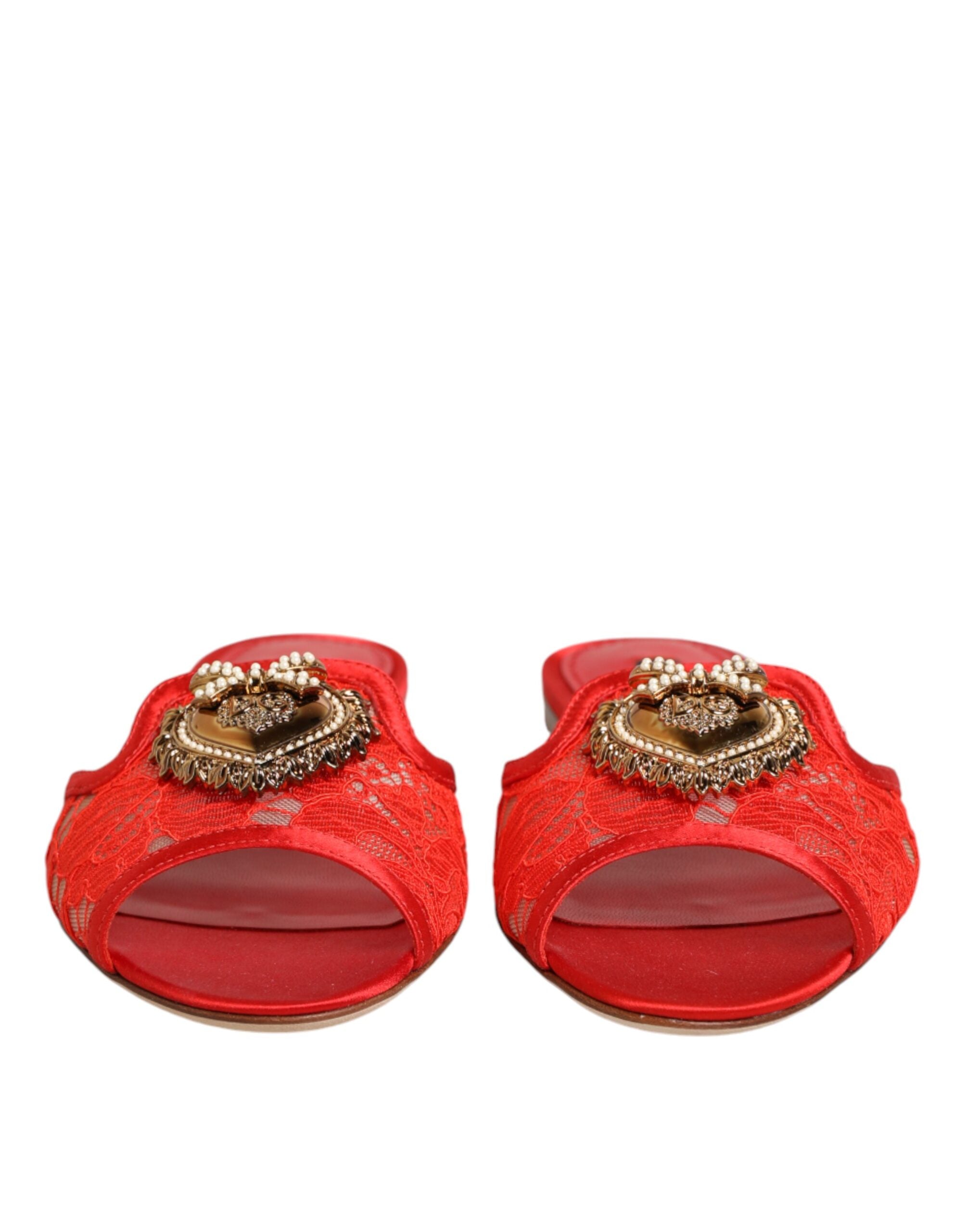 Dolce & Gabbana Red Devotion Lace Flats Slip On Sandals Women's Shoes