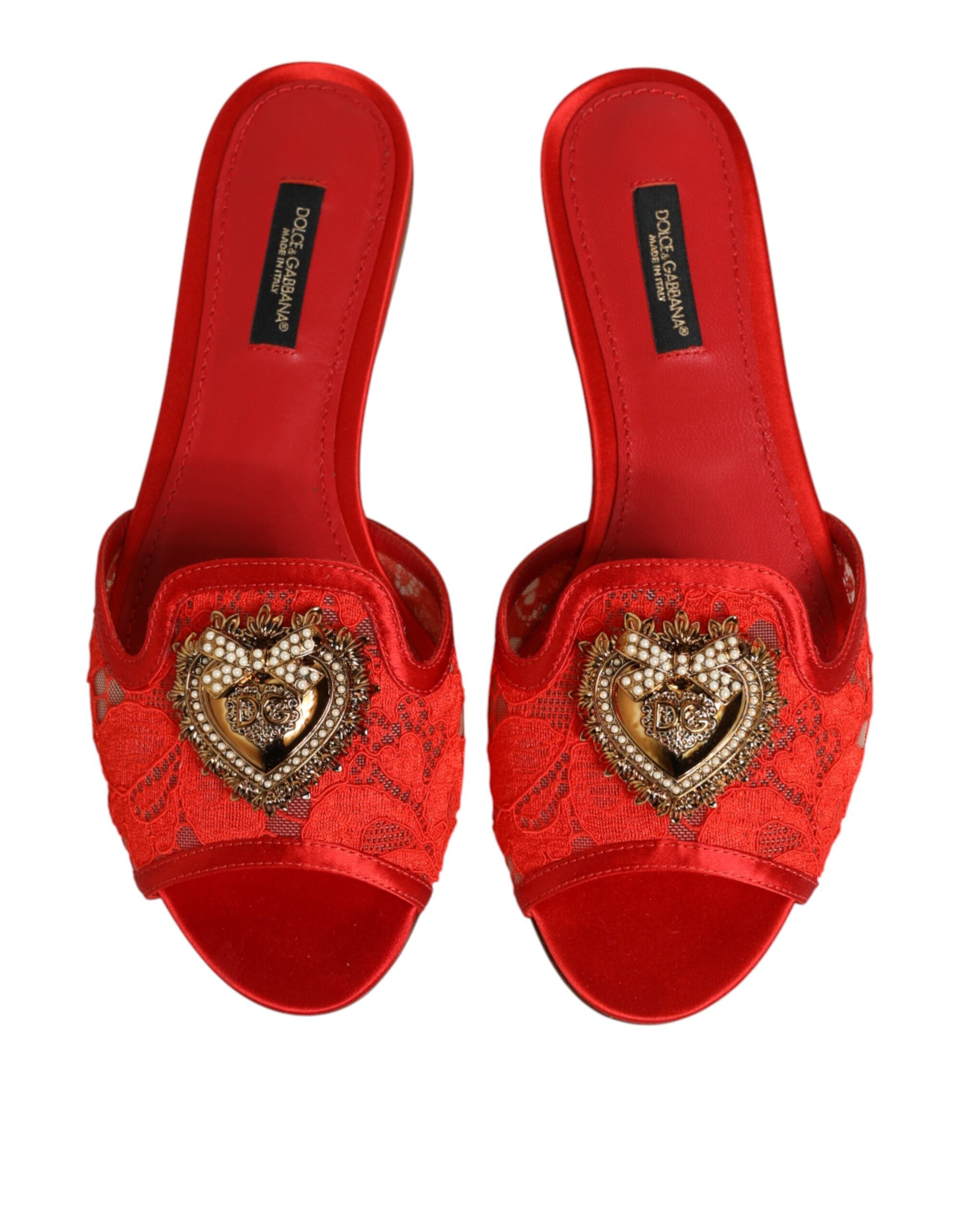 Dolce & Gabbana Red Devotion Lace Flats Slip On Sandals Women's Shoes