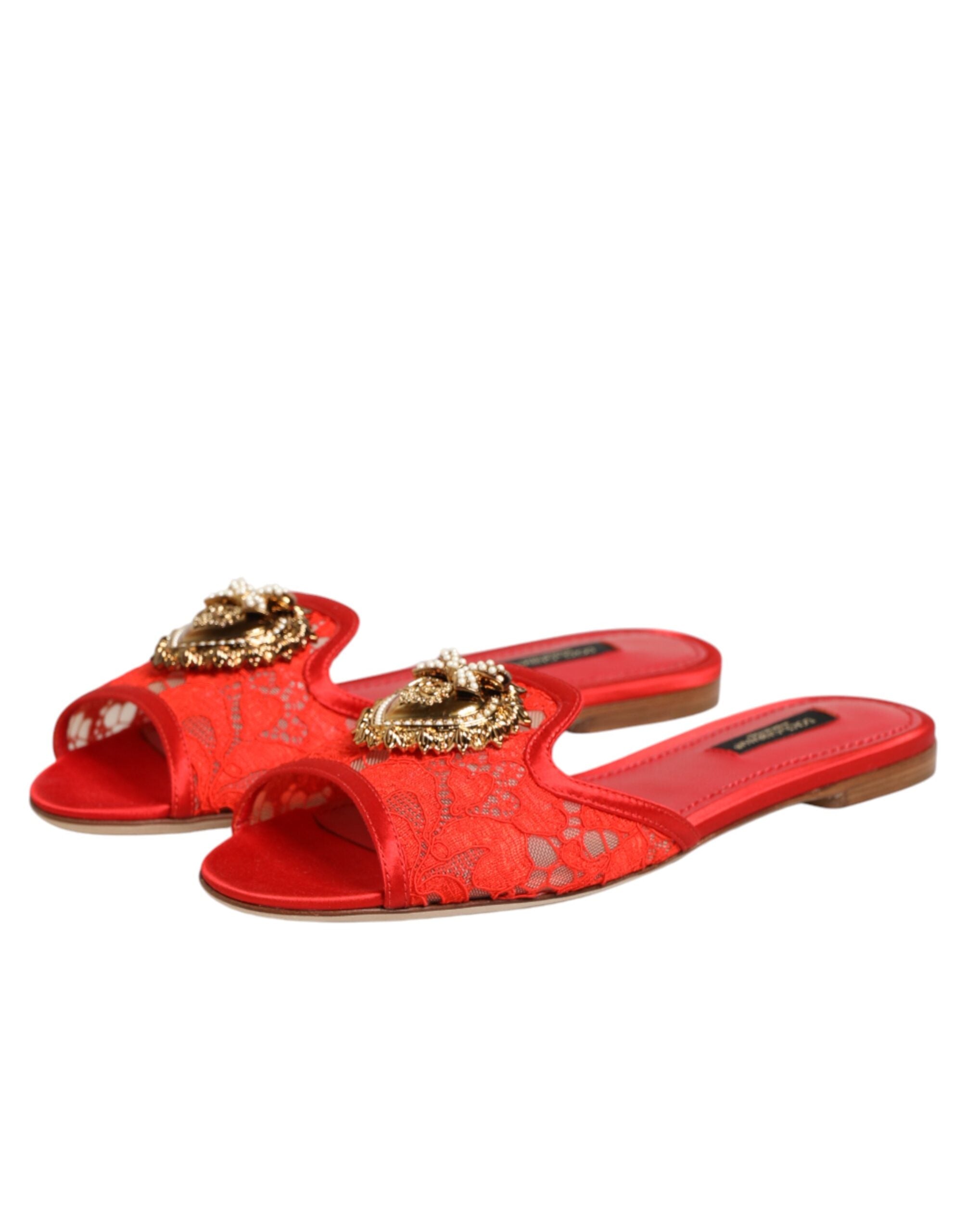 Dolce & Gabbana Red Devotion Lace Flats Slip On Sandals Women's Shoes