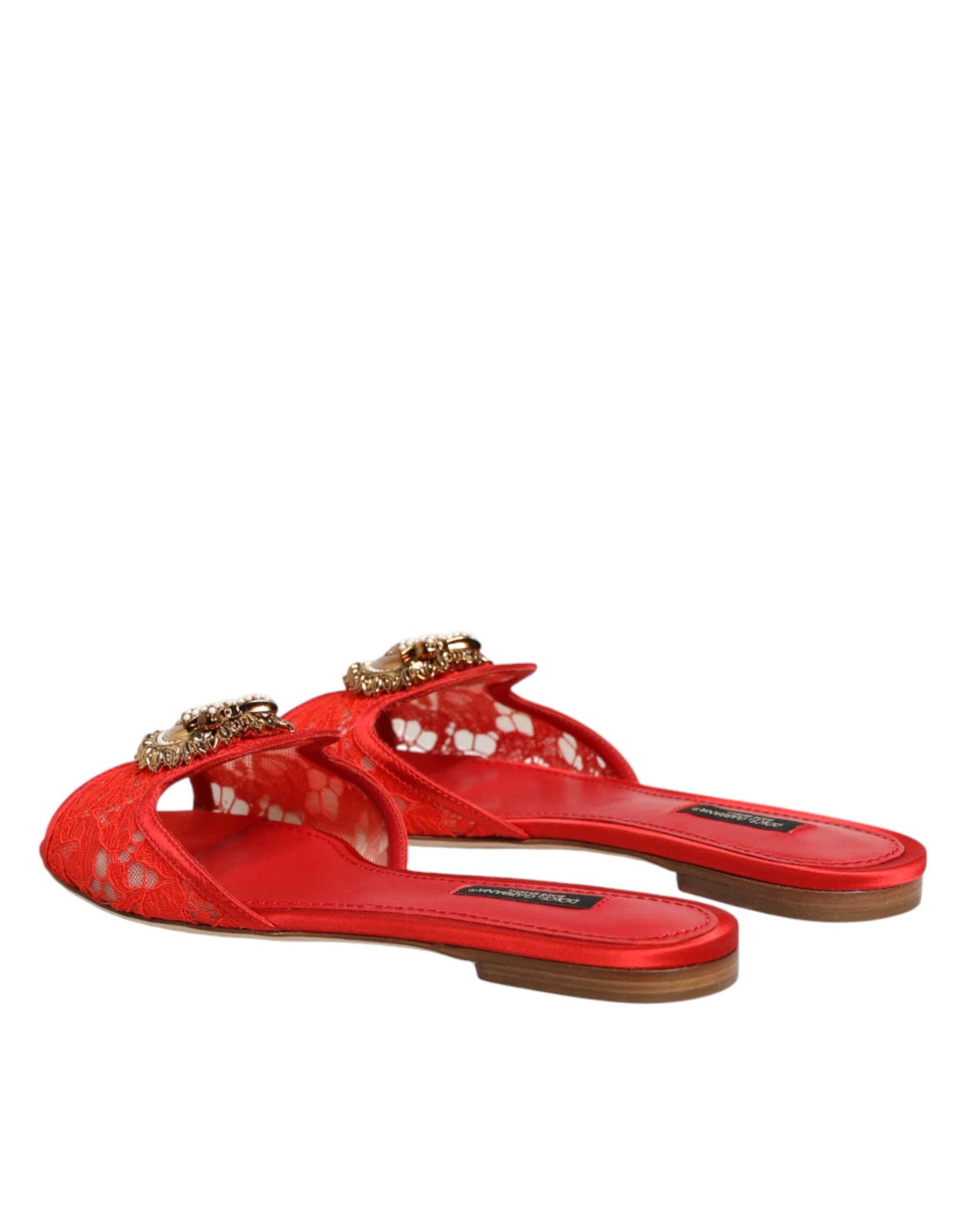 Dolce & Gabbana Red Devotion Lace Flats Slip On Sandals Women's Shoes