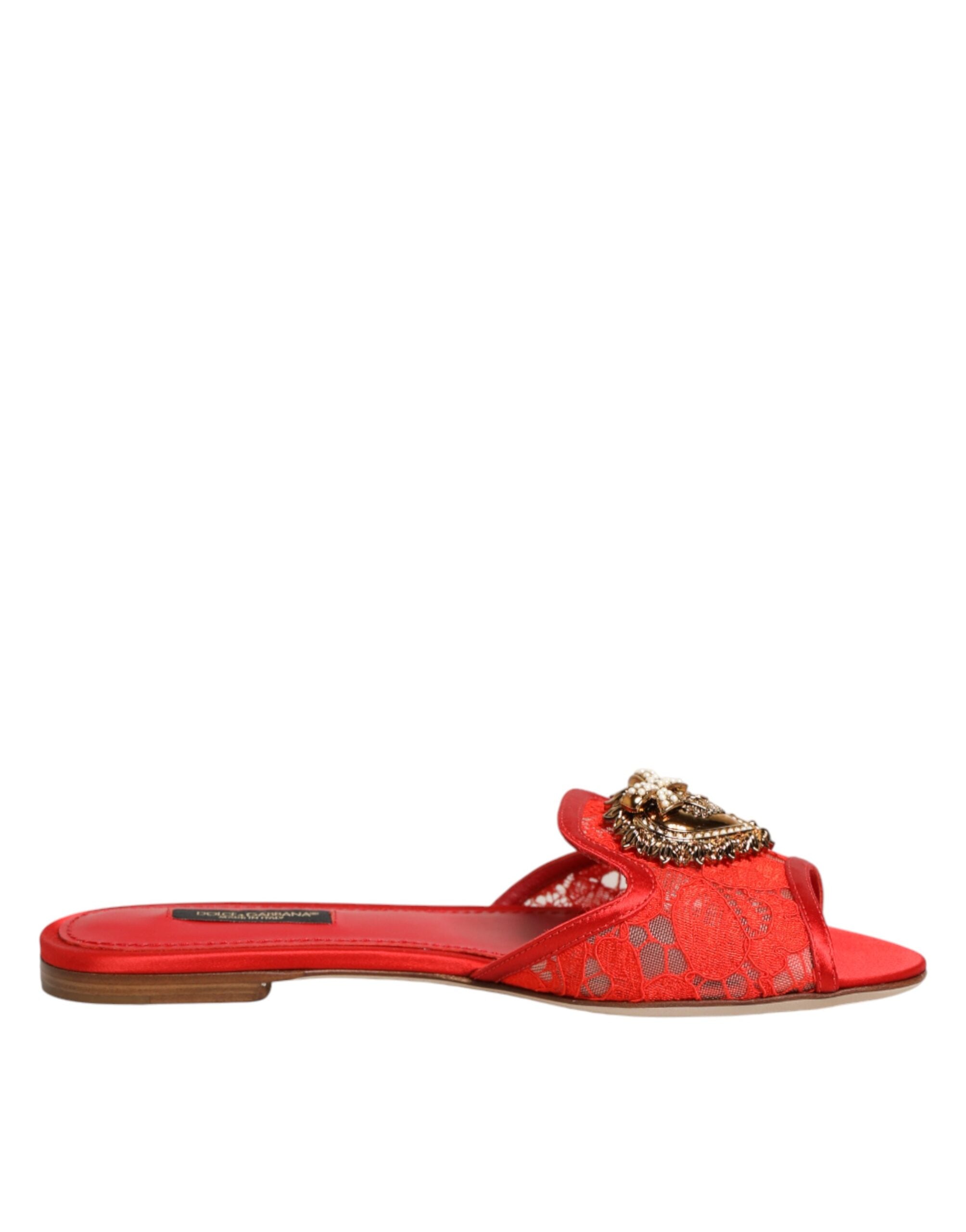 Dolce & Gabbana Red Devotion Lace Flats Slip On Sandals Women's Shoes