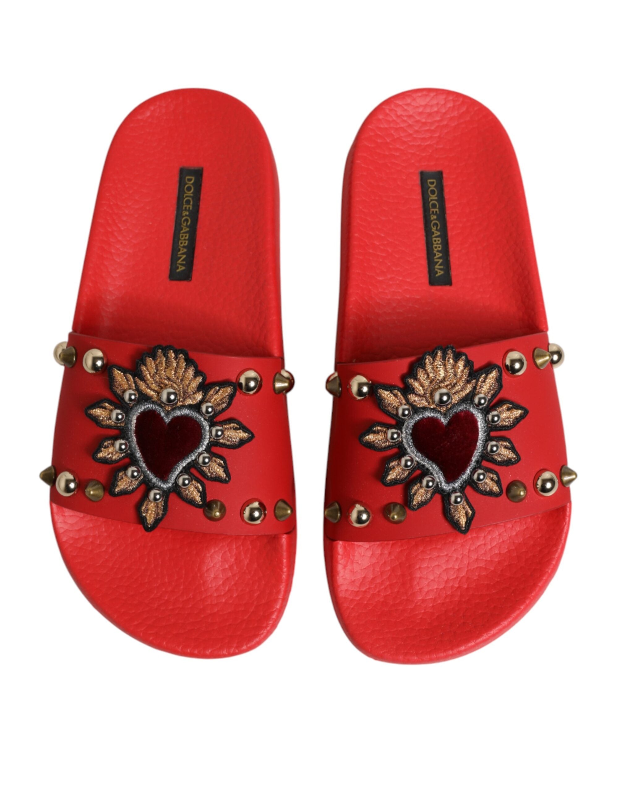 Dolce & Gabbana Red Sacred Heart Stud Slides Beachwear Women's Shoes