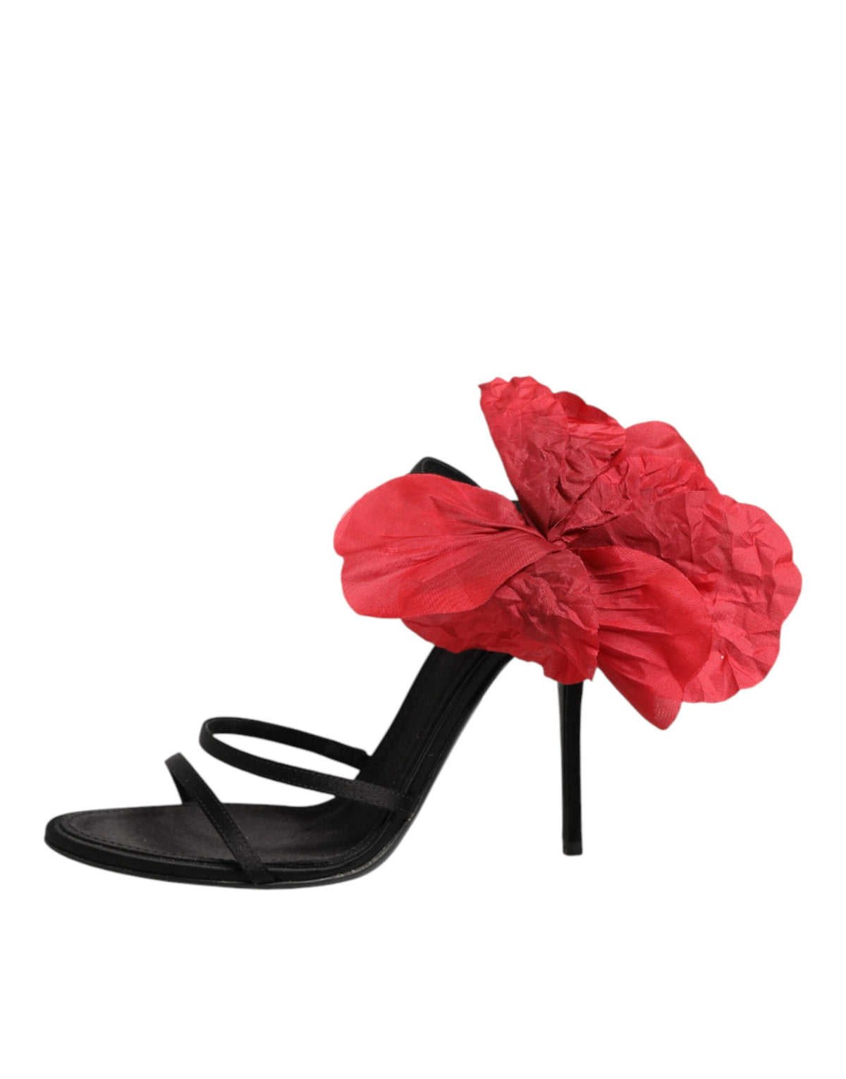 Dolce & Gabbana Black Leather Strappy Flower Heels Sandals  Women's Shoes