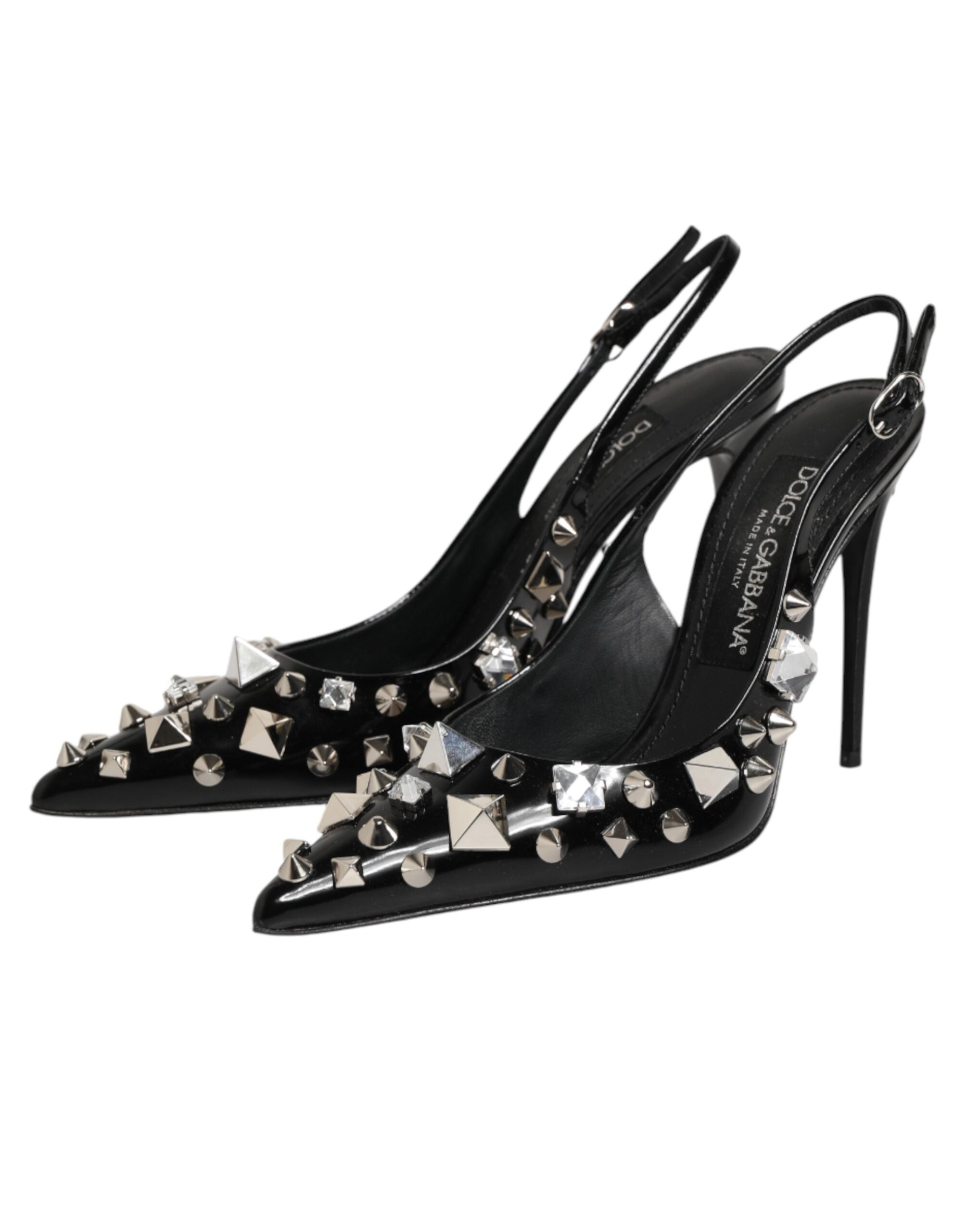 Dolce & Gabbana Black Studded Leather Heels Slingbacks Women's Shoes
