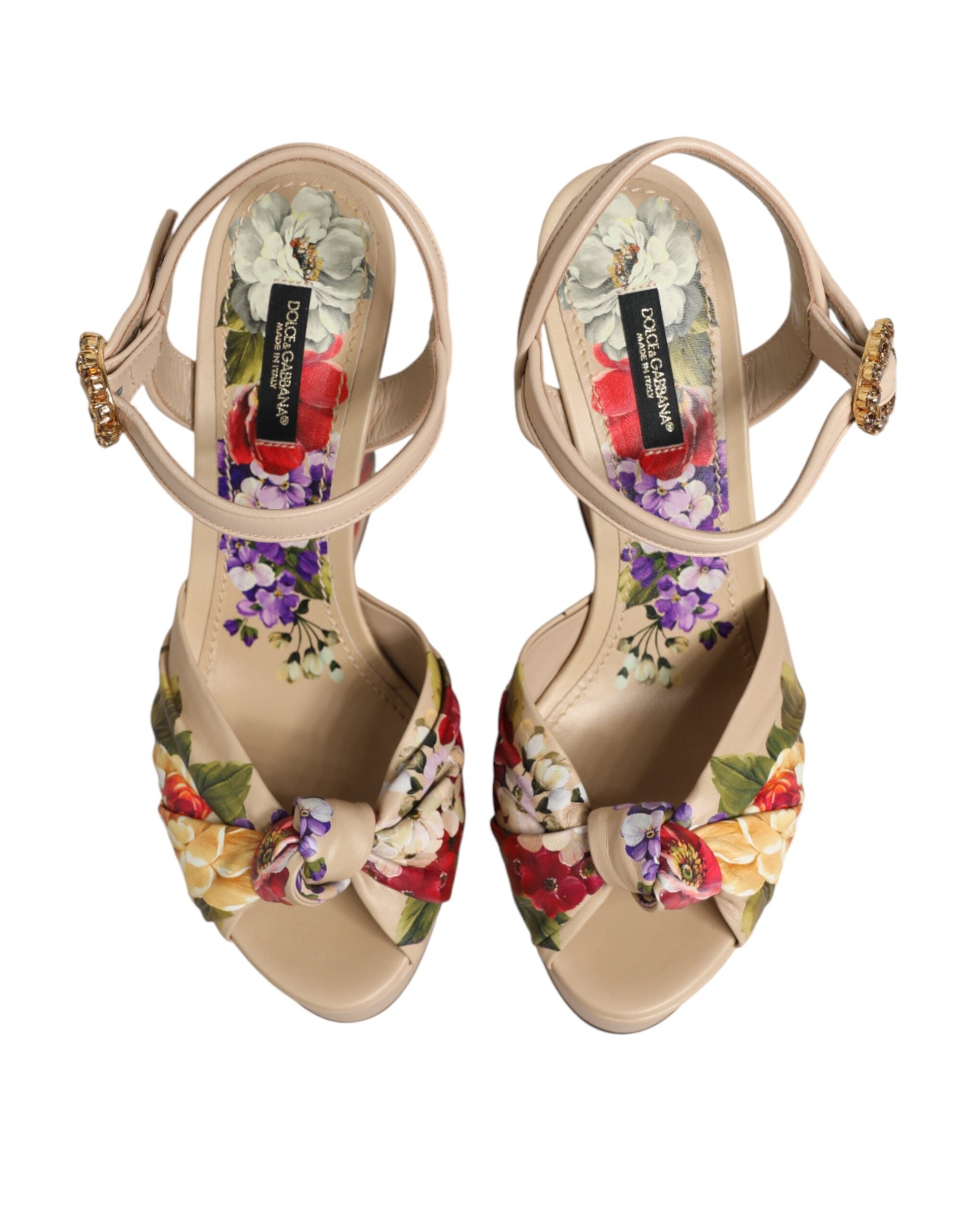 Dolce & Gabbana Beige Floral Ankle Strap Wedge Sandals Women's Shoes