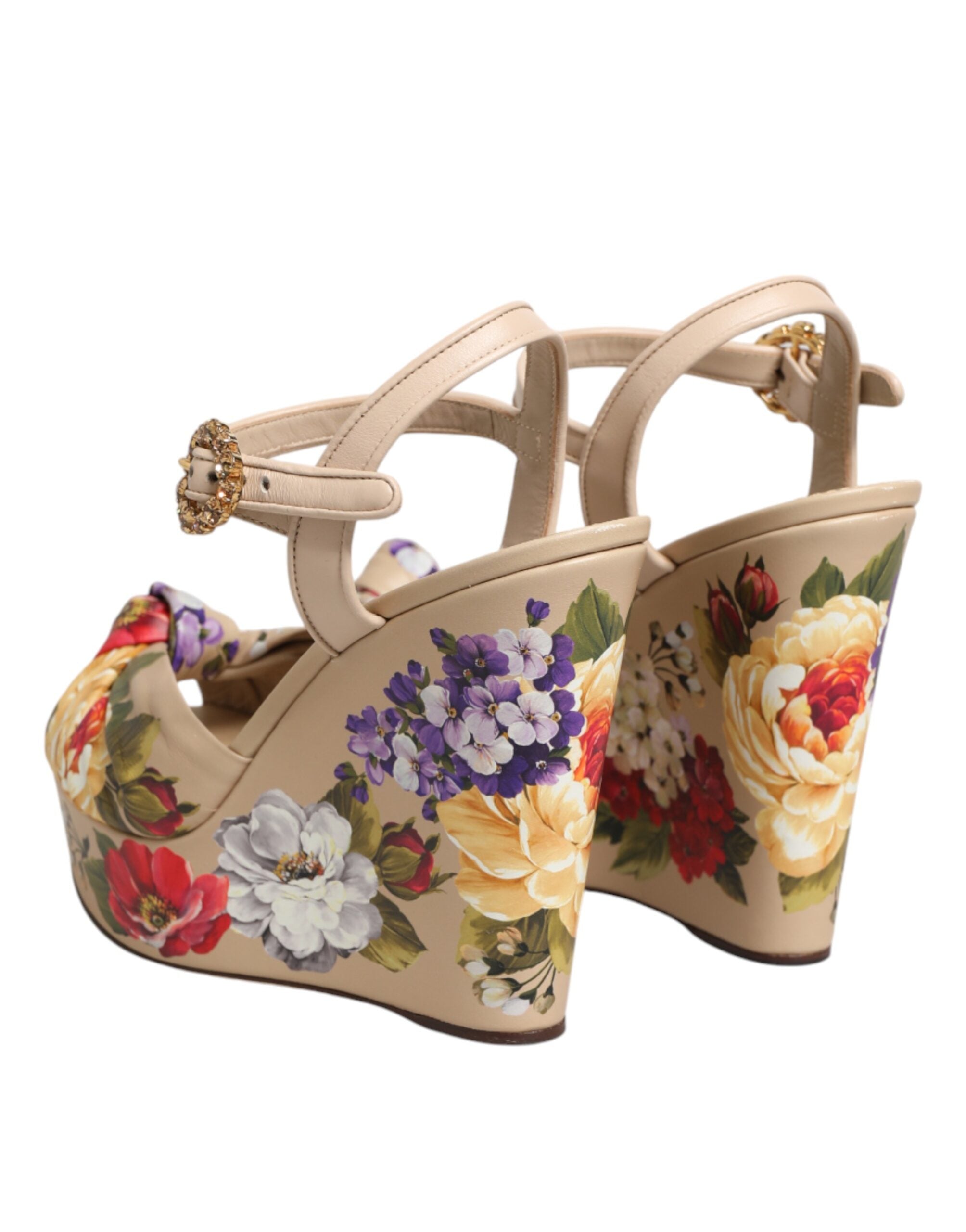 Dolce & Gabbana Beige Floral Ankle Strap Wedge Sandals Women's Shoes