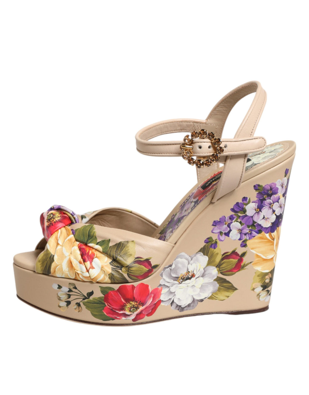 Dolce & Gabbana Beige Floral Ankle Strap Wedge Sandals Women's Shoes