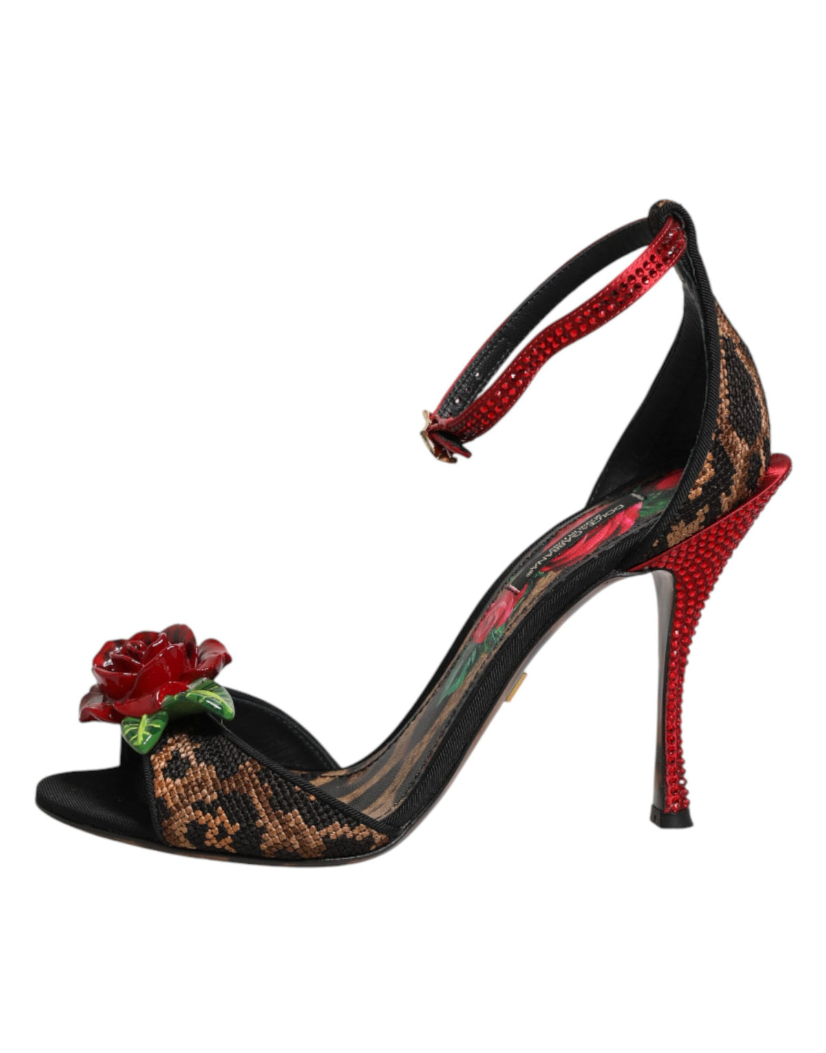 Dolce & Gabbana Brown Leopard Crystal Roses Sandals Women's Shoes