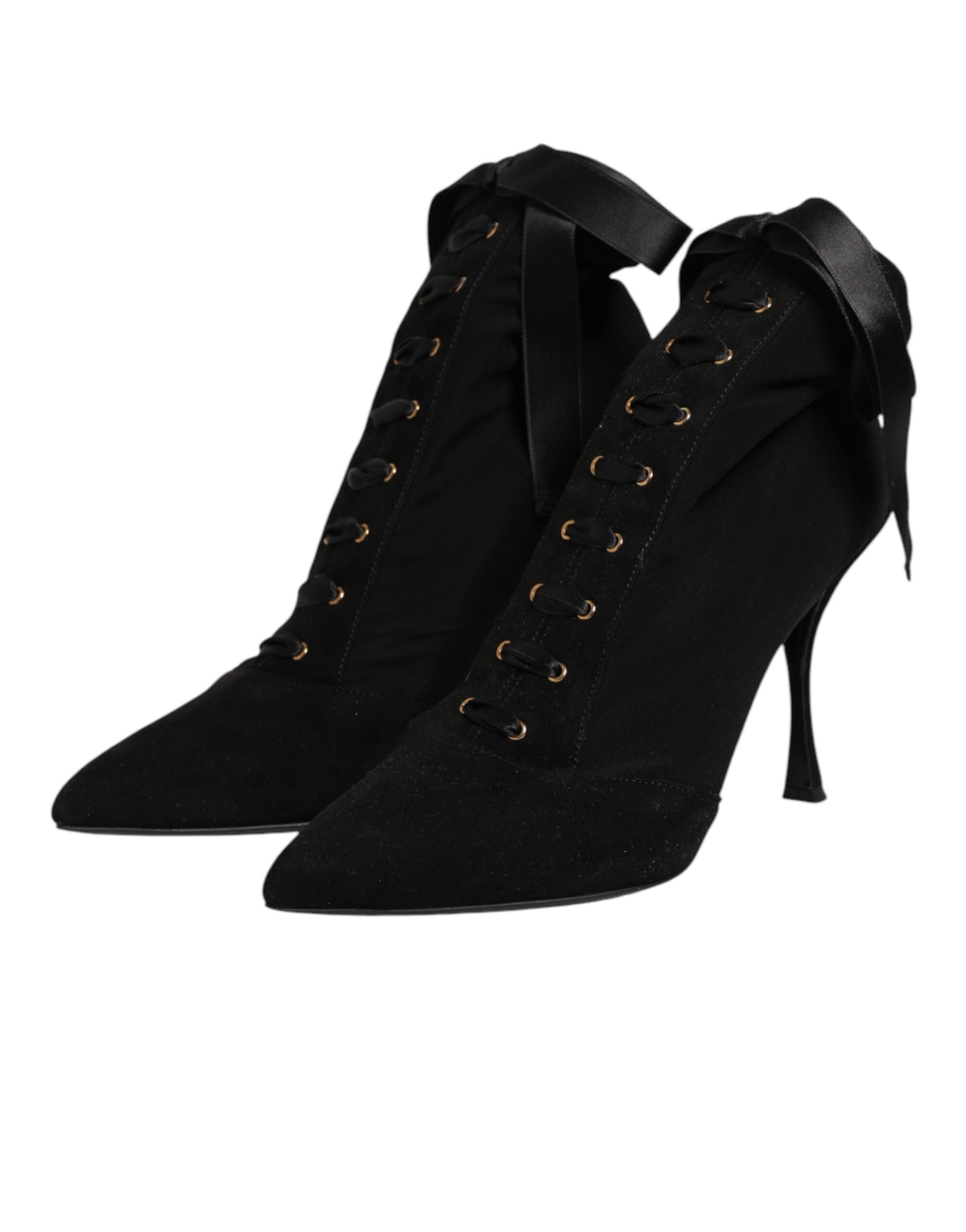 Dolce & Gabbana Black Stiletto Heels Lace Up Boots Women's Shoes