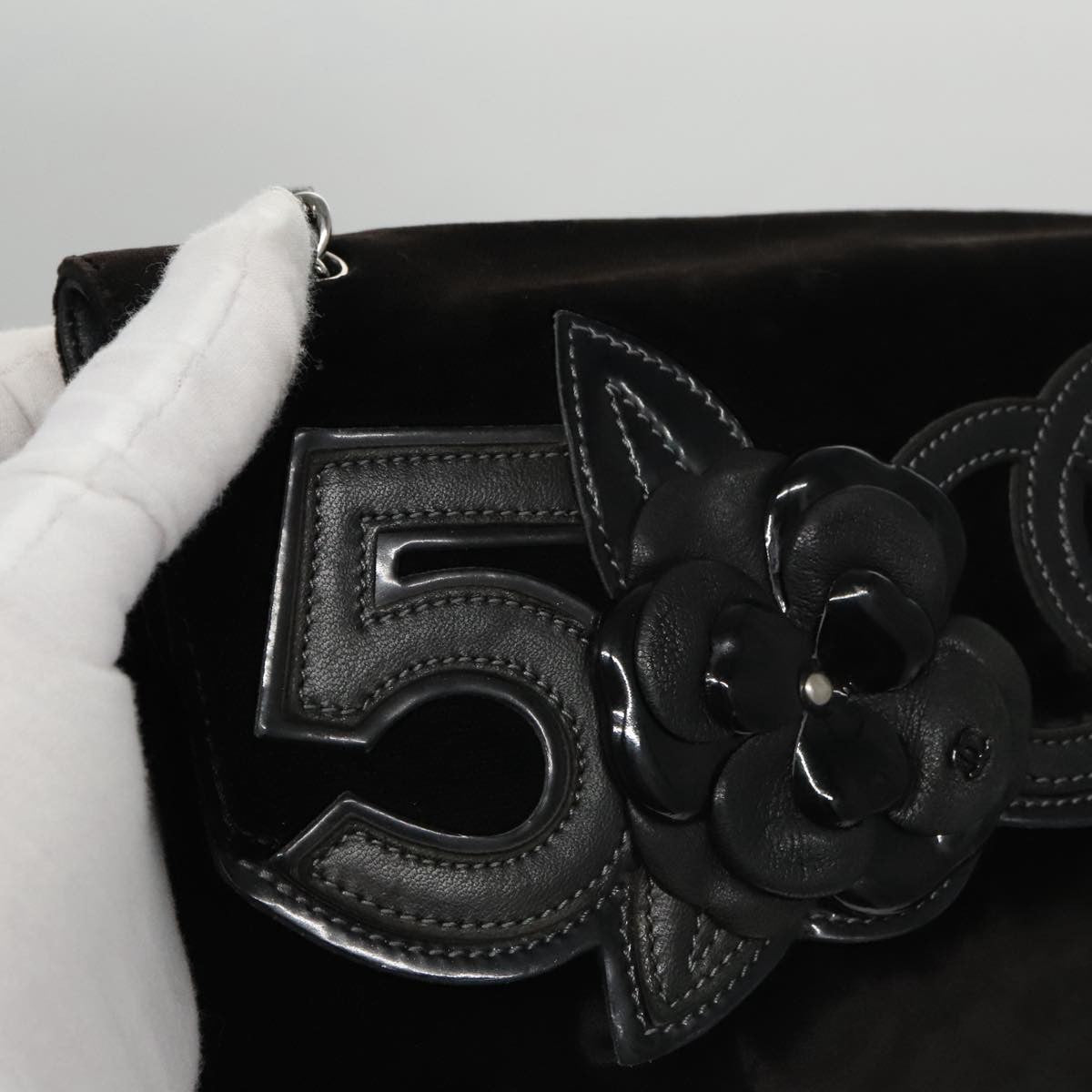 Chanel Camellia No.5 Chain Flap Velvet Black Velvet Shoulder Bag Bag (Pre-Owned)