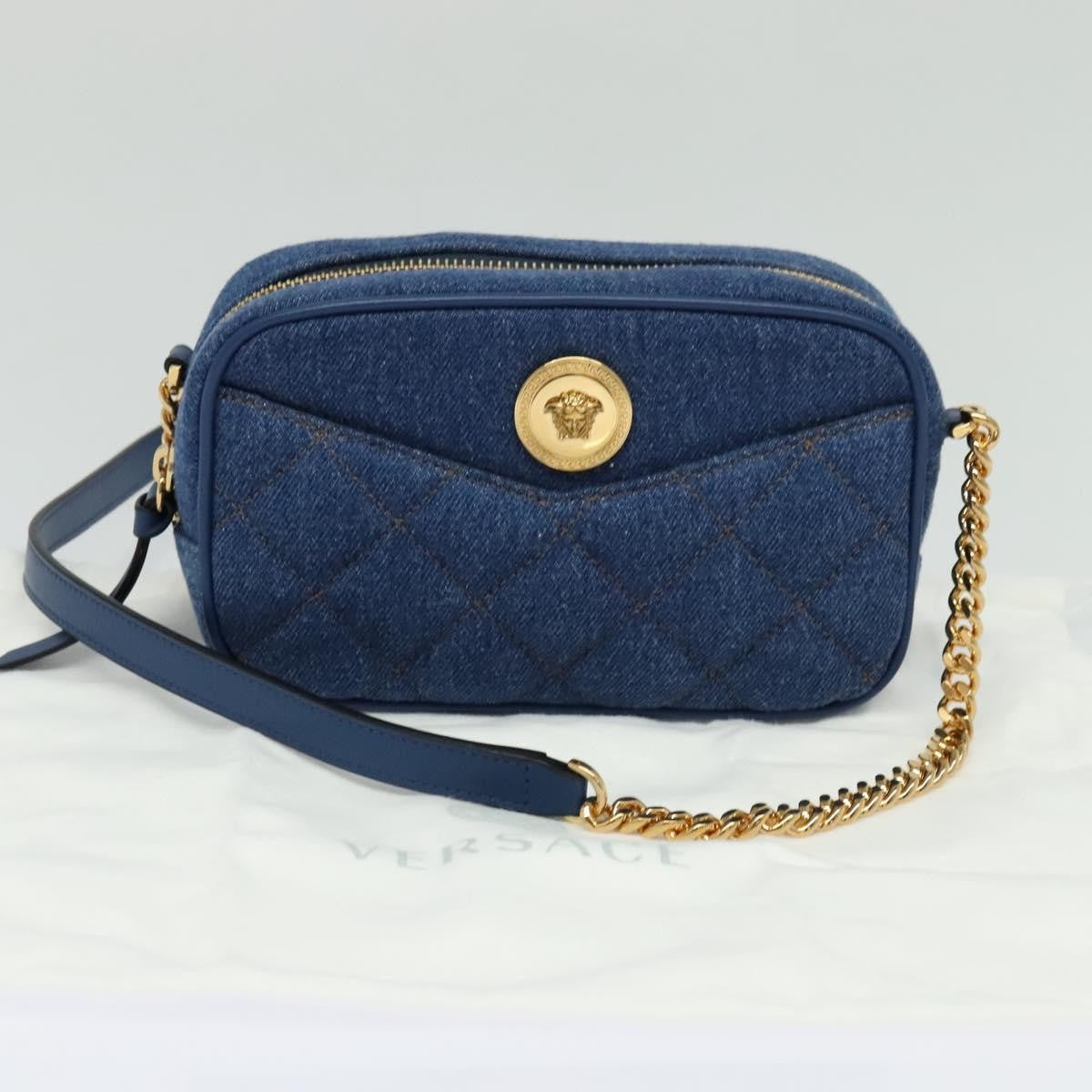 Versace Medusa Icon Front Slip Pocket Camera Quilted Denim Blue Canvas Shoulder Bag Bag (Pre-Owned)