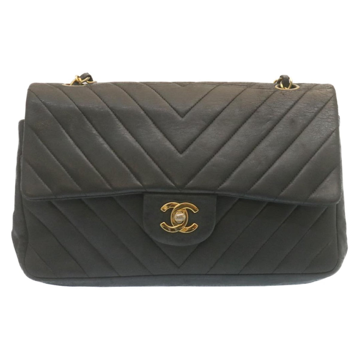 Chanel Vintage Classic Double Flap Chevron Lambskin Black Leather Handbag (Pre-Owned)