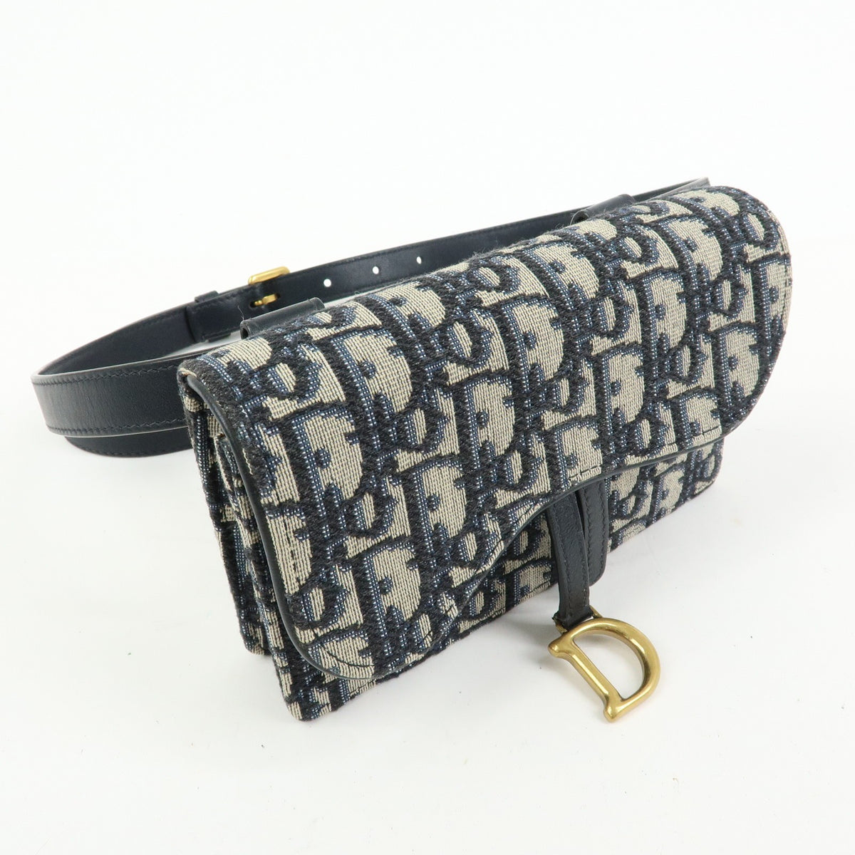 Christian Dior Saddle Belt Oblique Canvas Navy Canvas Handbag (Pre-Owned)