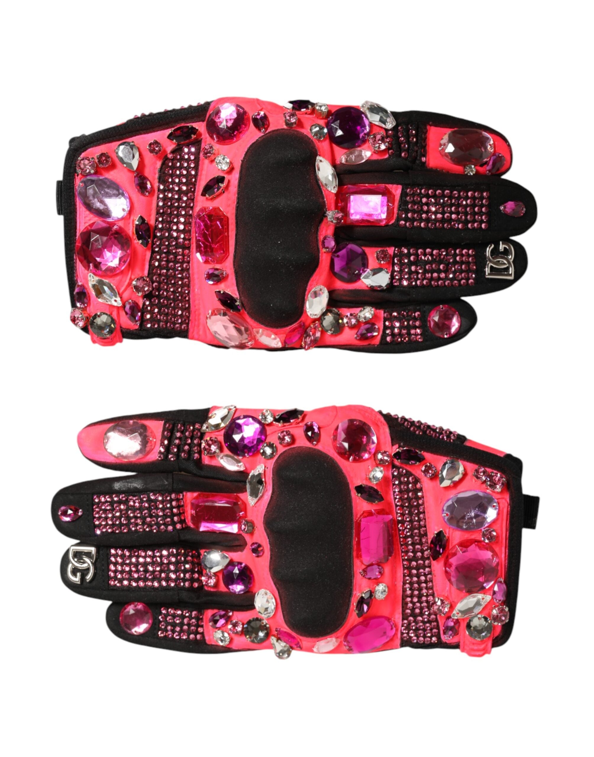 Dolce & Gabbana Black Pink Crystal Wrist Length Mitten Women's Gloves (Pre-Owned)
