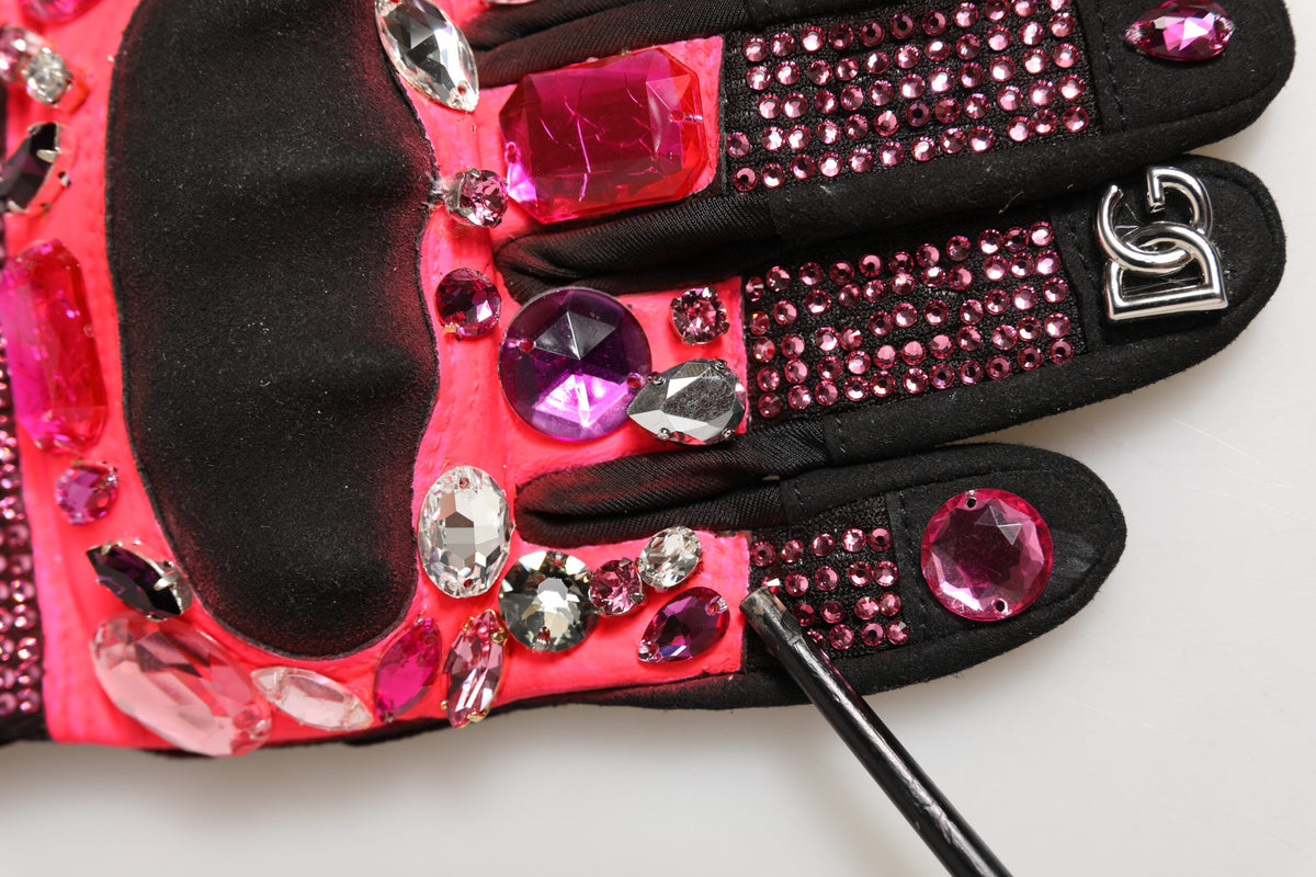 Dolce & Gabbana Black Pink Crystal Wrist Length Mitten Women's Gloves (Pre-Owned)