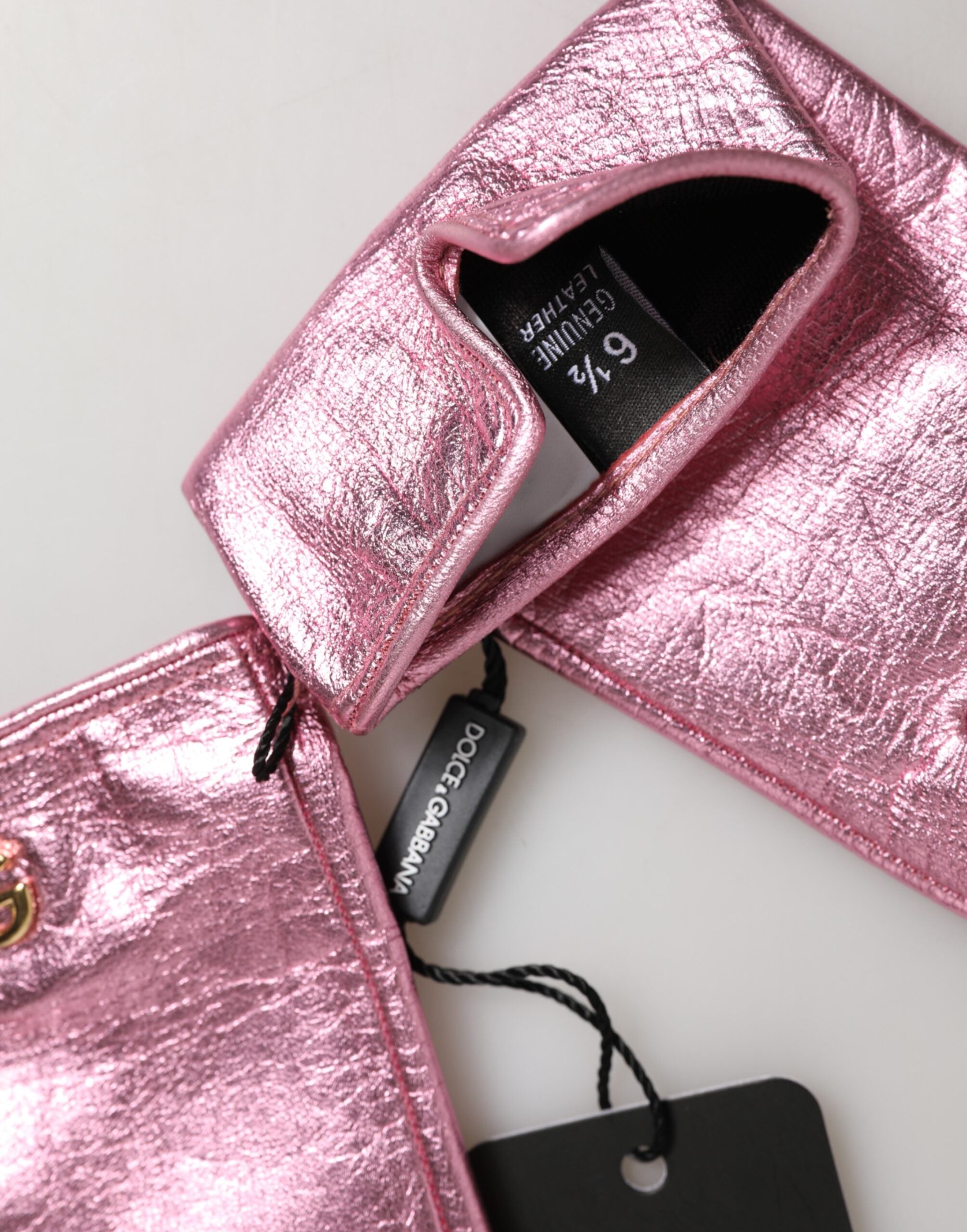 Dolce & Gabbana Pink Leather DG Logo Wrist Length Mitten Women's Gloves