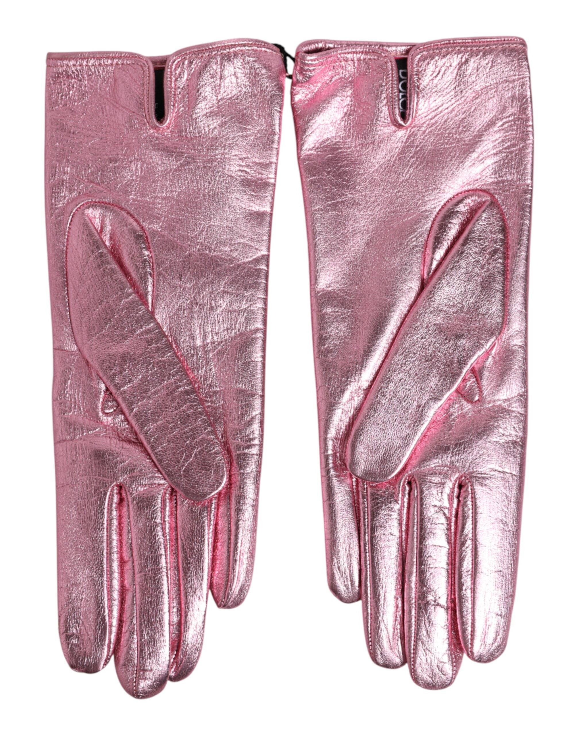 Dolce & Gabbana Pink Leather DG Logo Wrist Length Mitten Women's Gloves