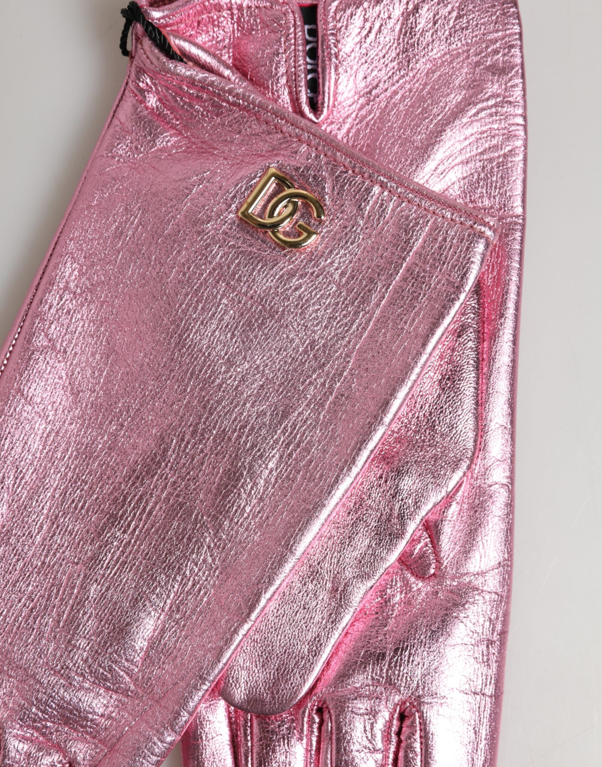 Dolce & Gabbana Pink Leather DG Logo Wrist Length Mitten Women's Gloves