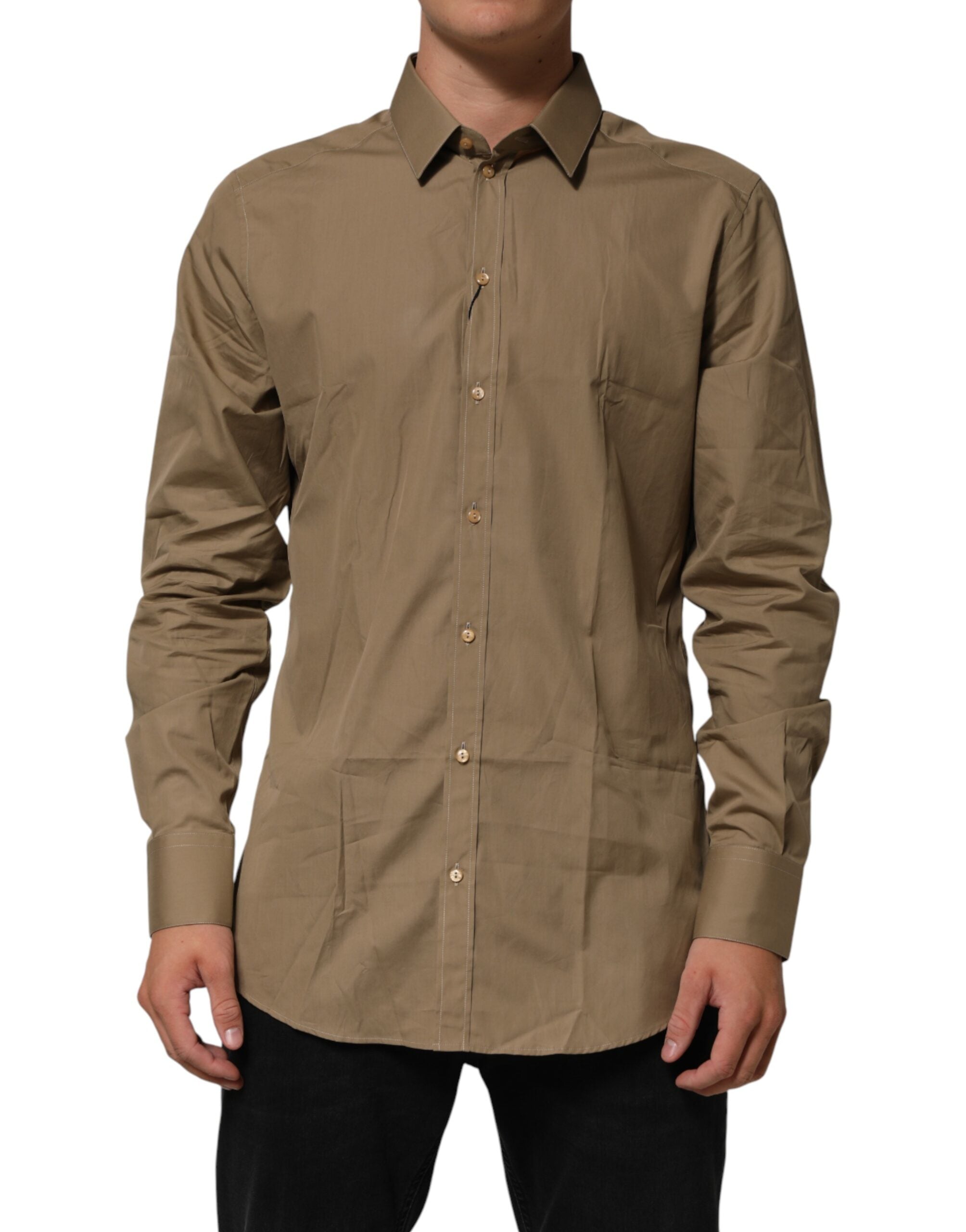 Dolce & Gabbana Brown Cotton Collared Men GOLD Dress Men's Shirt (Pre-Owned)