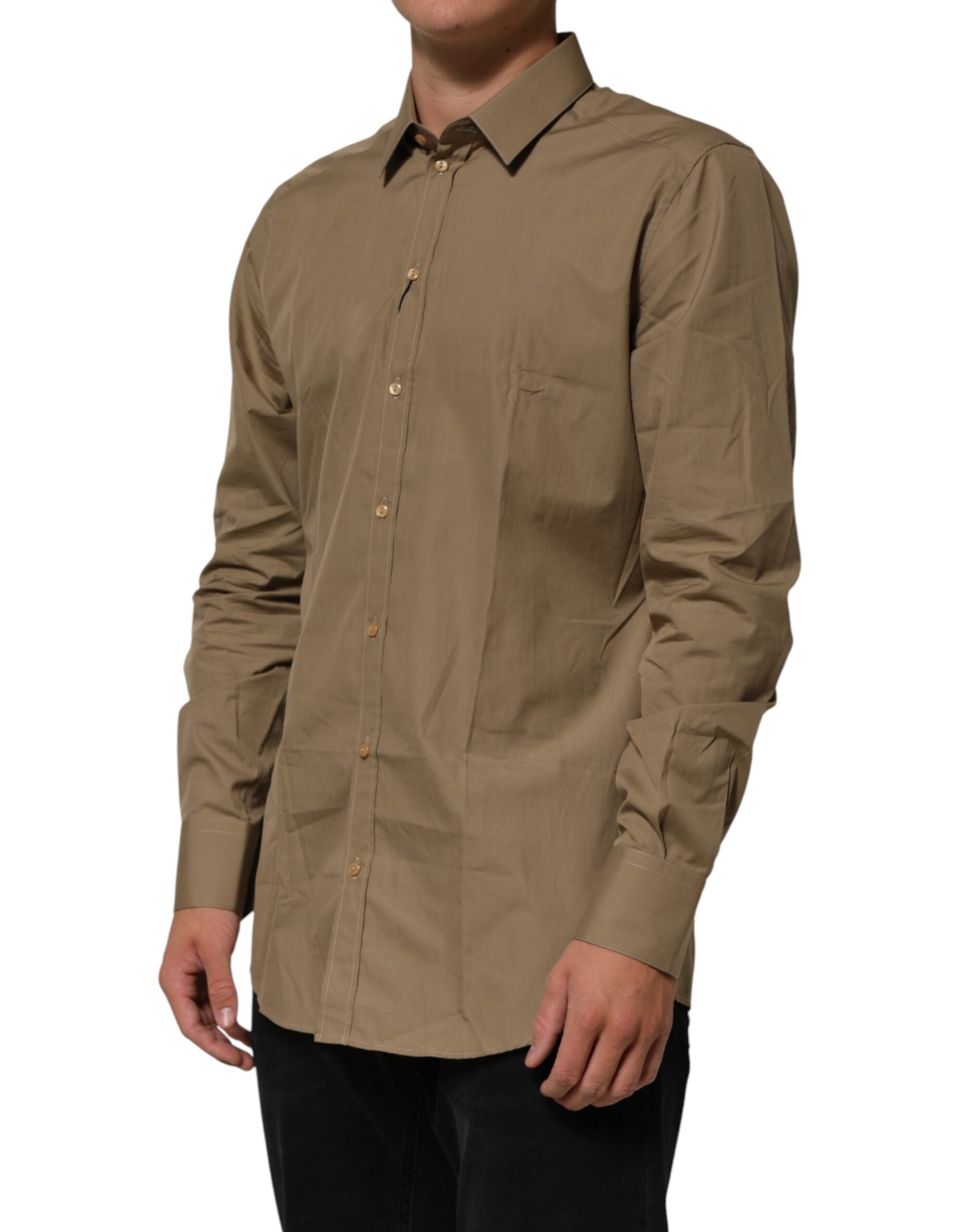 Dolce & Gabbana Brown Cotton Collared Men GOLD Dress Men's Shirt (Pre-Owned)