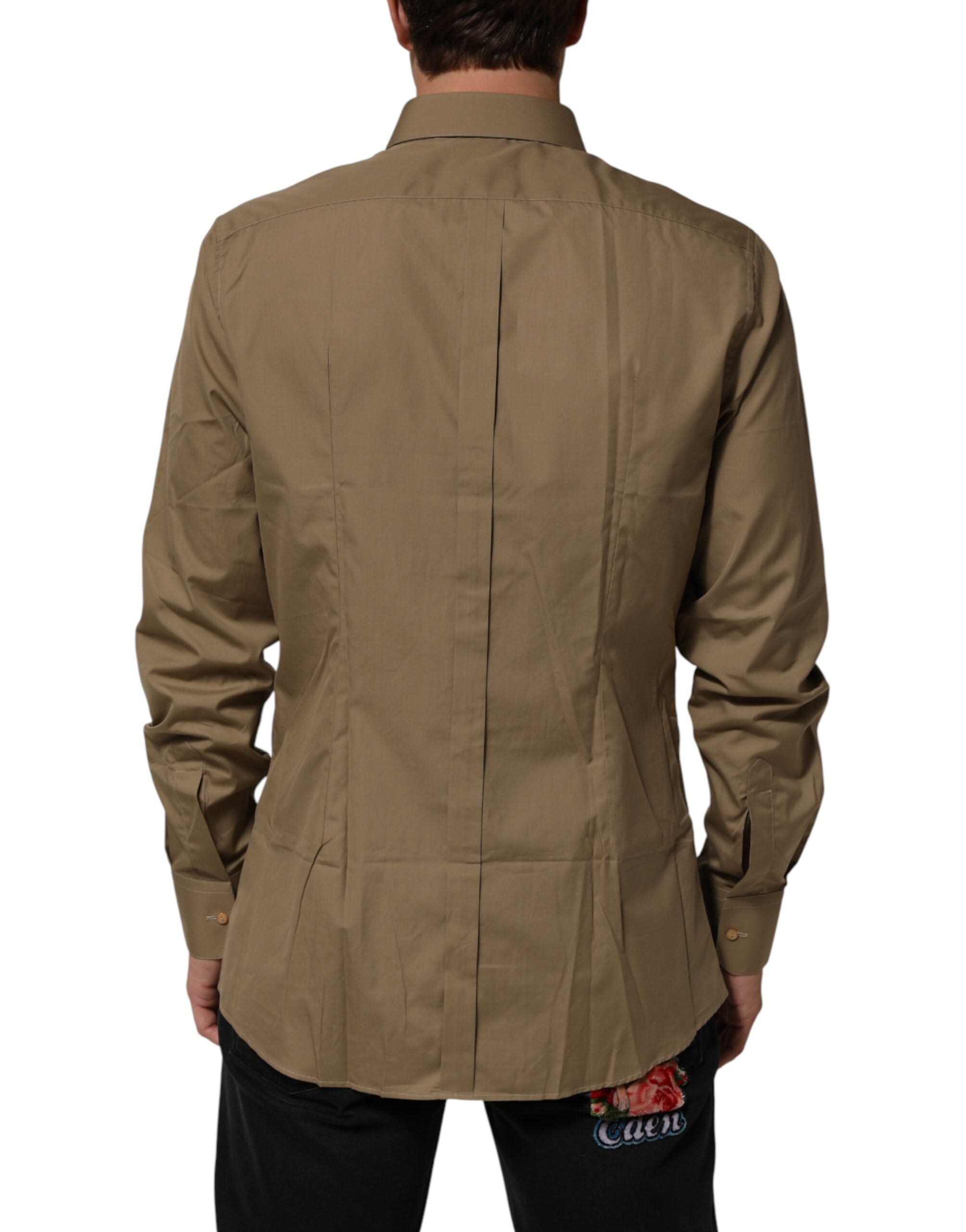 Dolce & Gabbana Brown Cotton Collared Men GOLD Dress Men's Shirt (Pre-Owned)