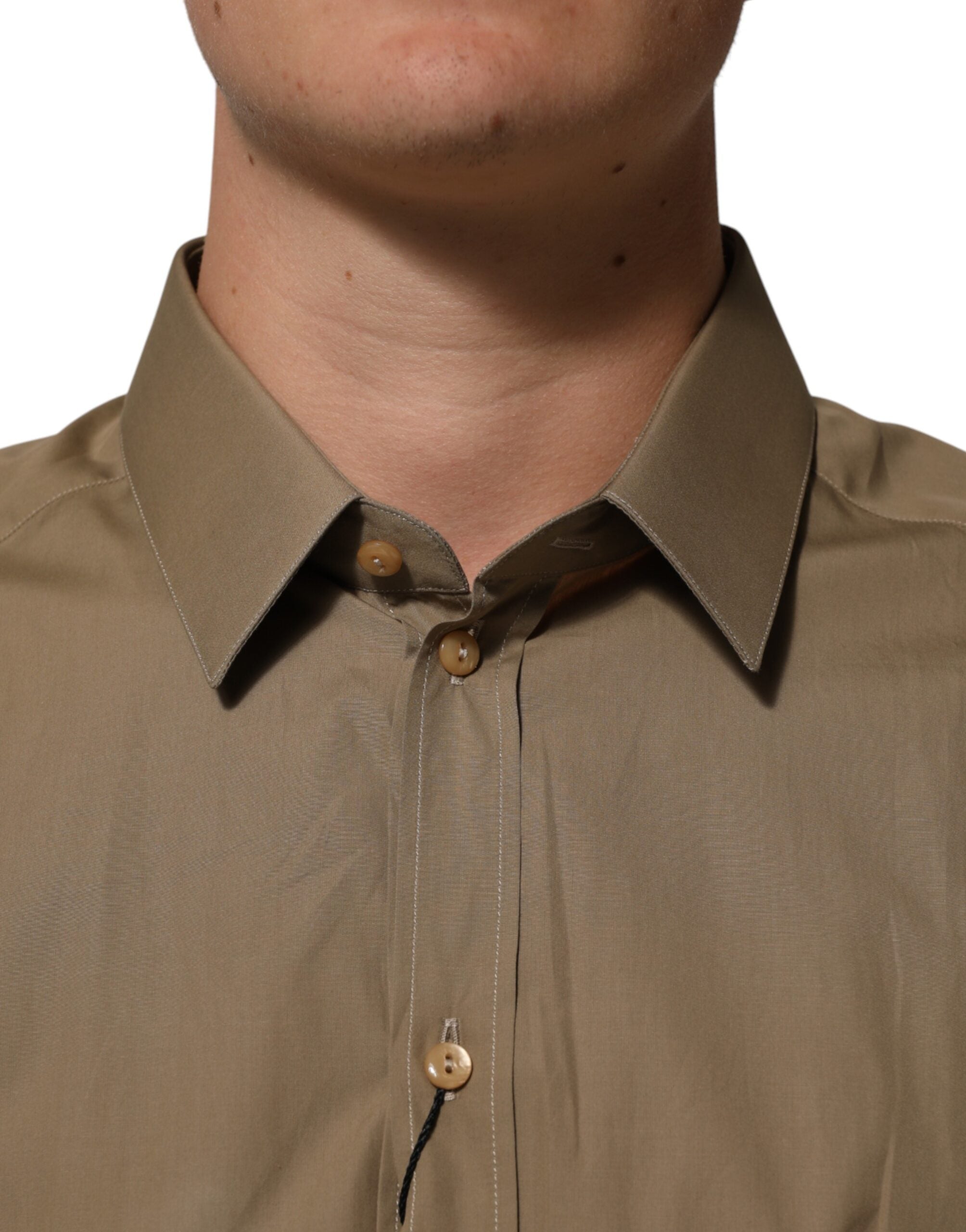 Dolce & Gabbana Brown Cotton Collared Men GOLD Dress Men's Shirt (Pre-Owned)