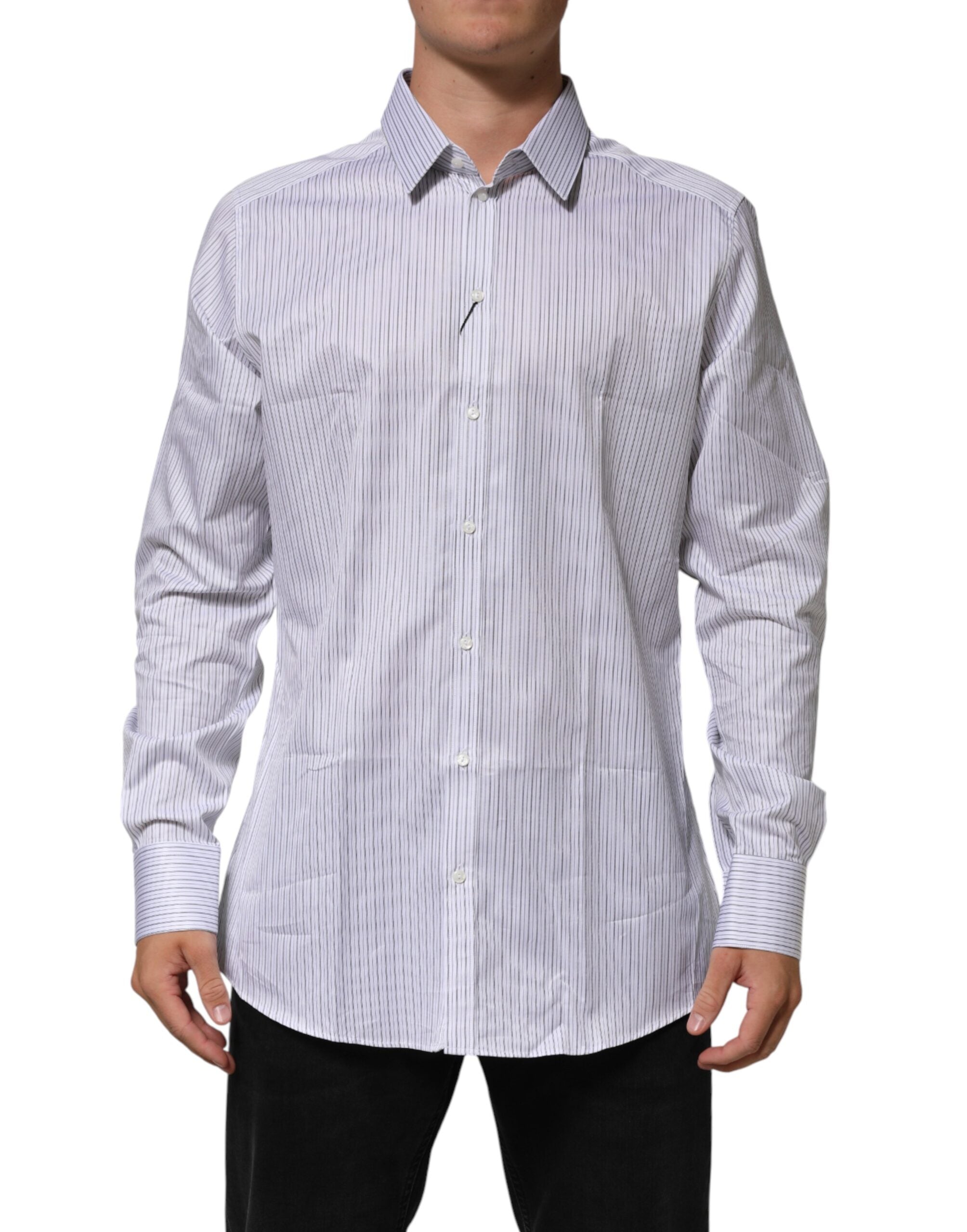 Dolce & Gabbana White Stripes Cotton Men GOLD Dress Men's Shirt (Pre-Owned)