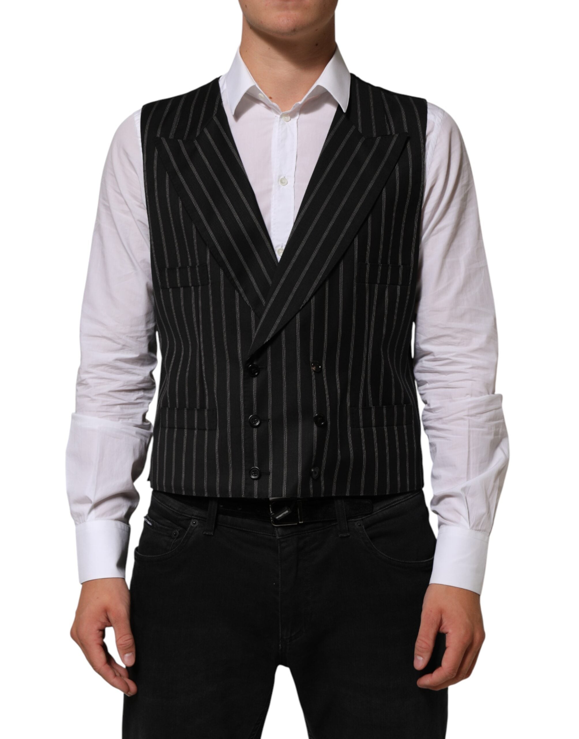 Dolce & Gabbana Black Stripes Wool Dress Men Waistcoat Men's Vest