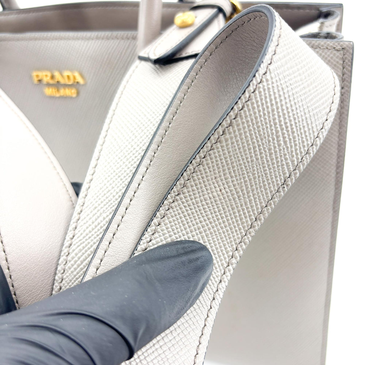 Prada Side Pleat Saffiano Leather Gray Leather Tote Bag Bag (Pre-Owned)