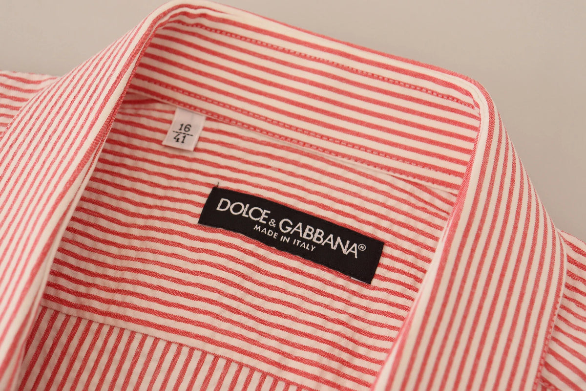 Dolce & Gabbana Red White Striped Cotton Short Sleeve Men's Shirt