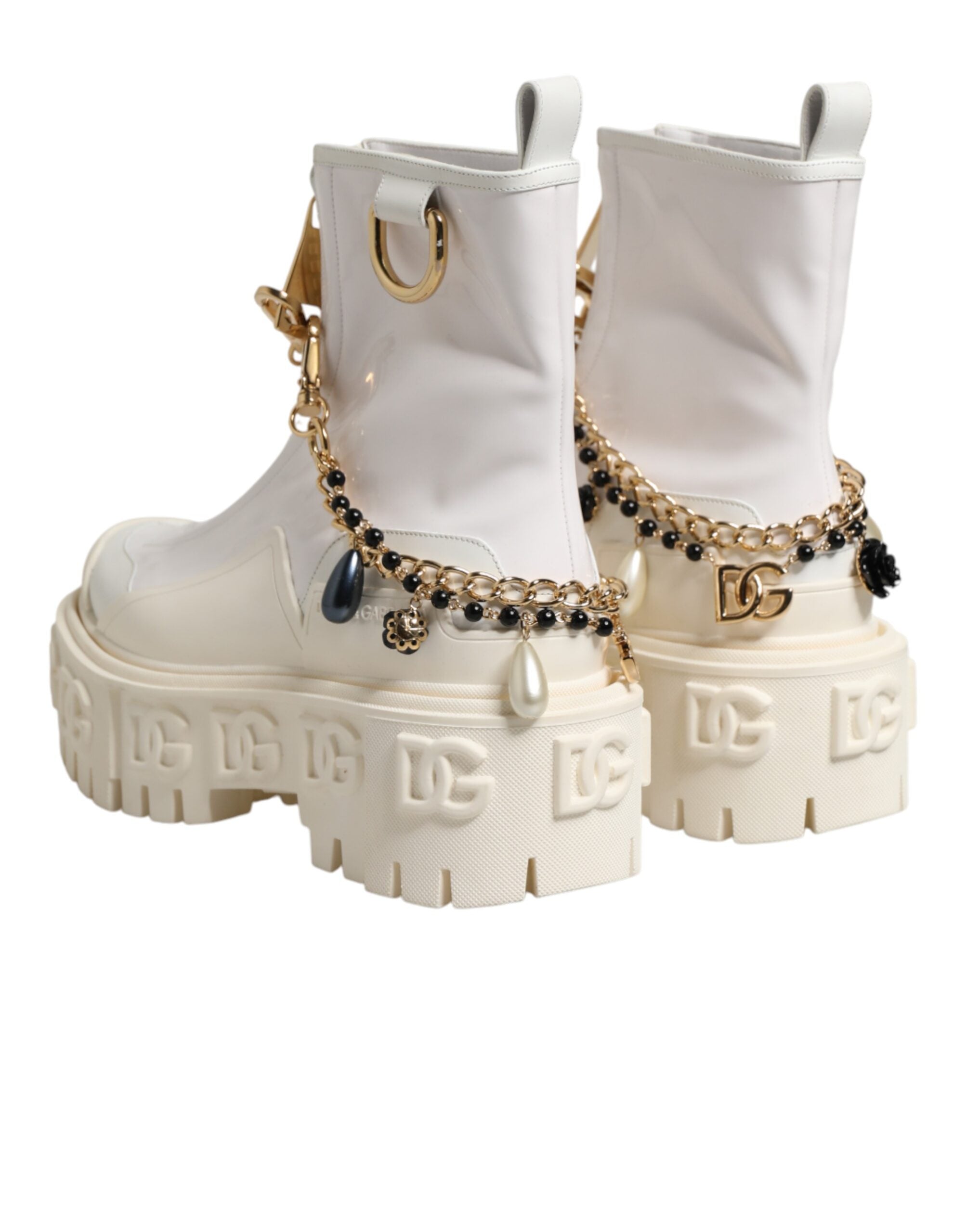 Dolce & Gabbana White Leather Rubber Logo Ankle Boots Women's Shoes