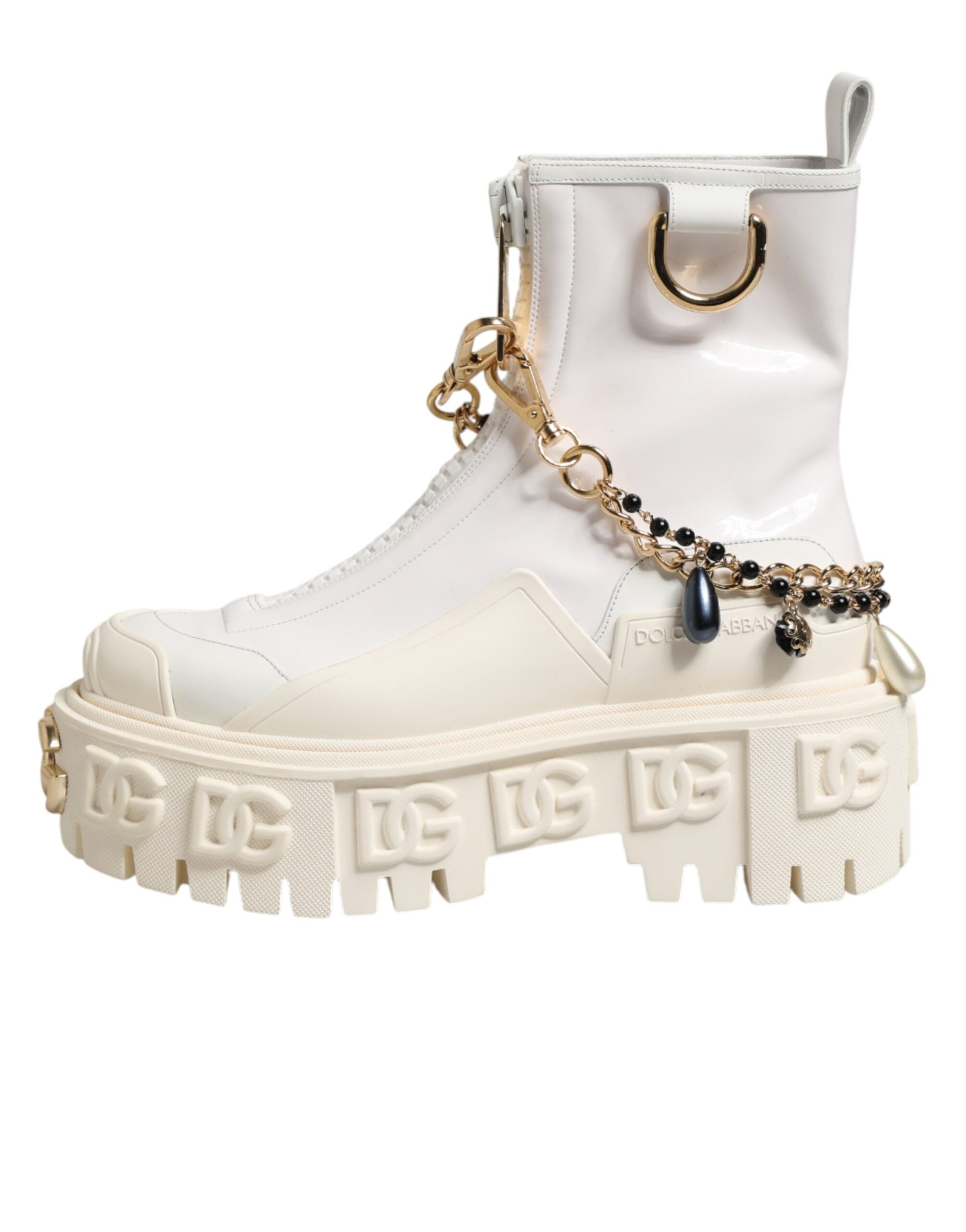 Dolce & Gabbana White Leather Rubber Logo Ankle Boots Women's Shoes