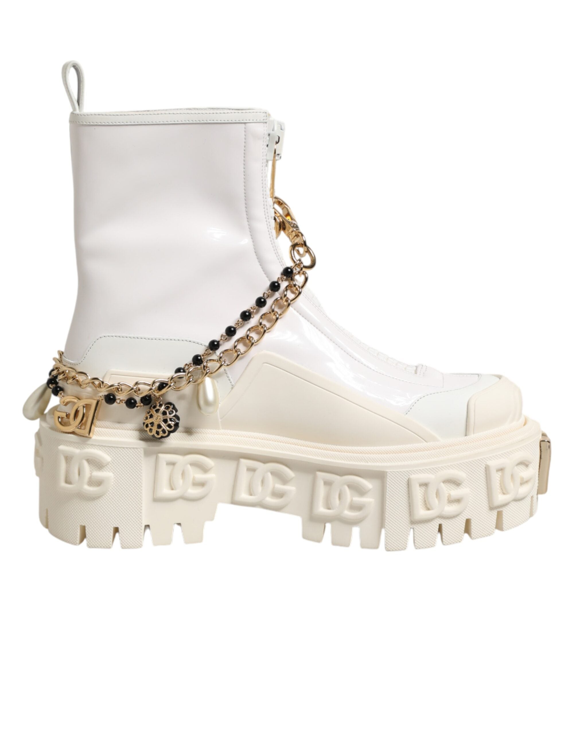 Dolce & Gabbana White Leather Rubber Logo Ankle Boots Women's Shoes