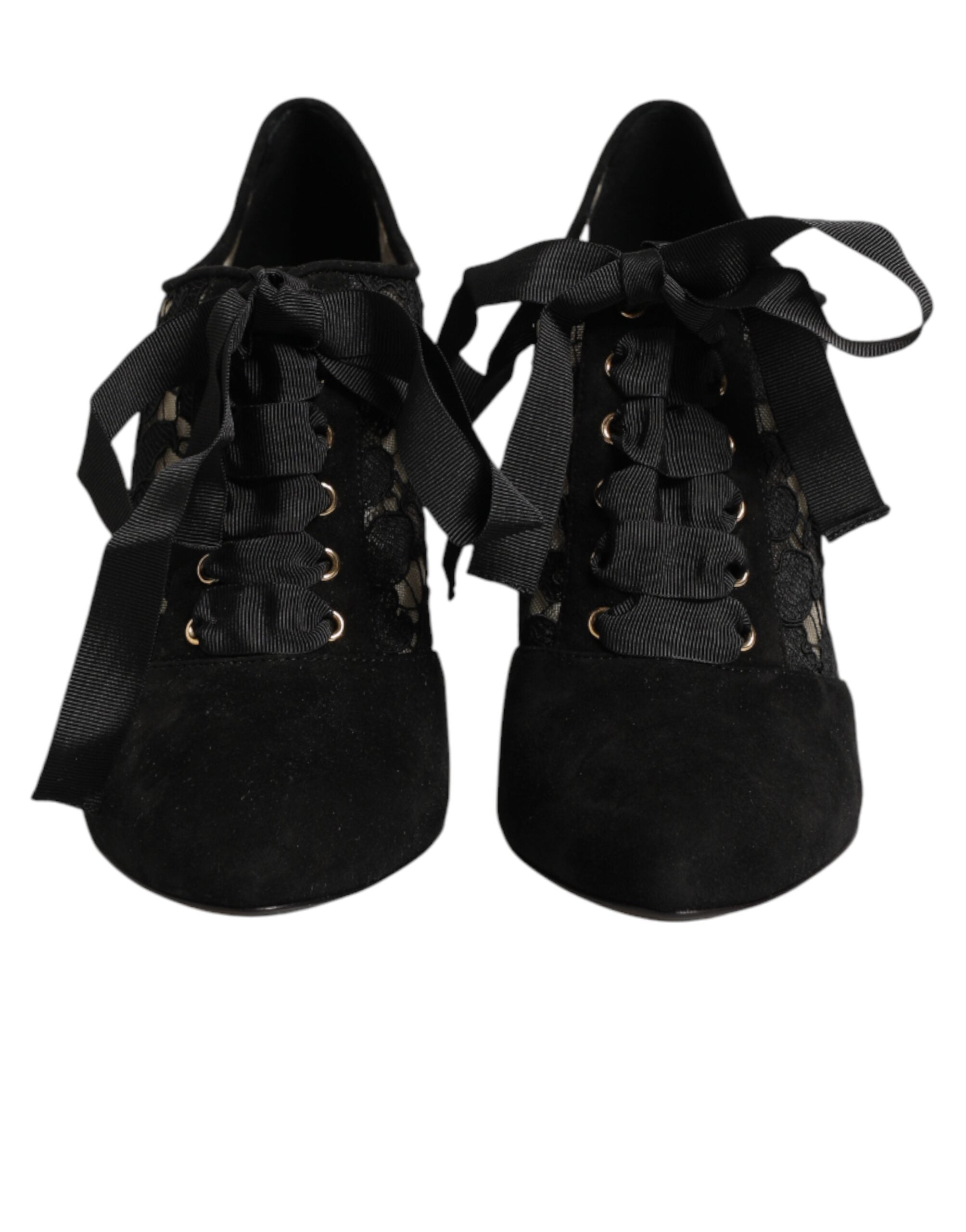 Dolce & Gabbana Black Floral High Heels LACE-UPS Pumps Women's Shoes