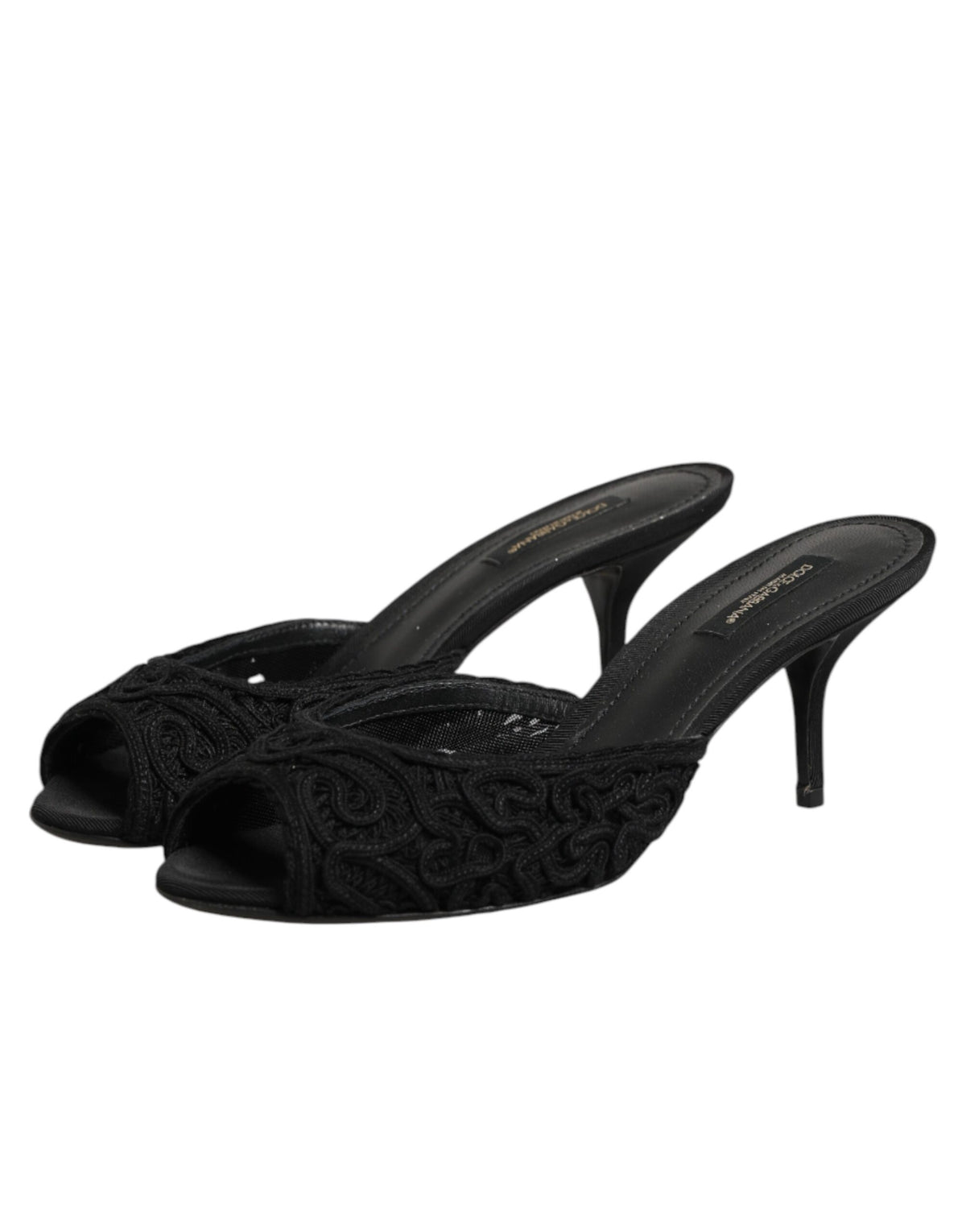 Dolce & Gabbana Black Embroidered Slip On Heels Slides Women's Shoes
