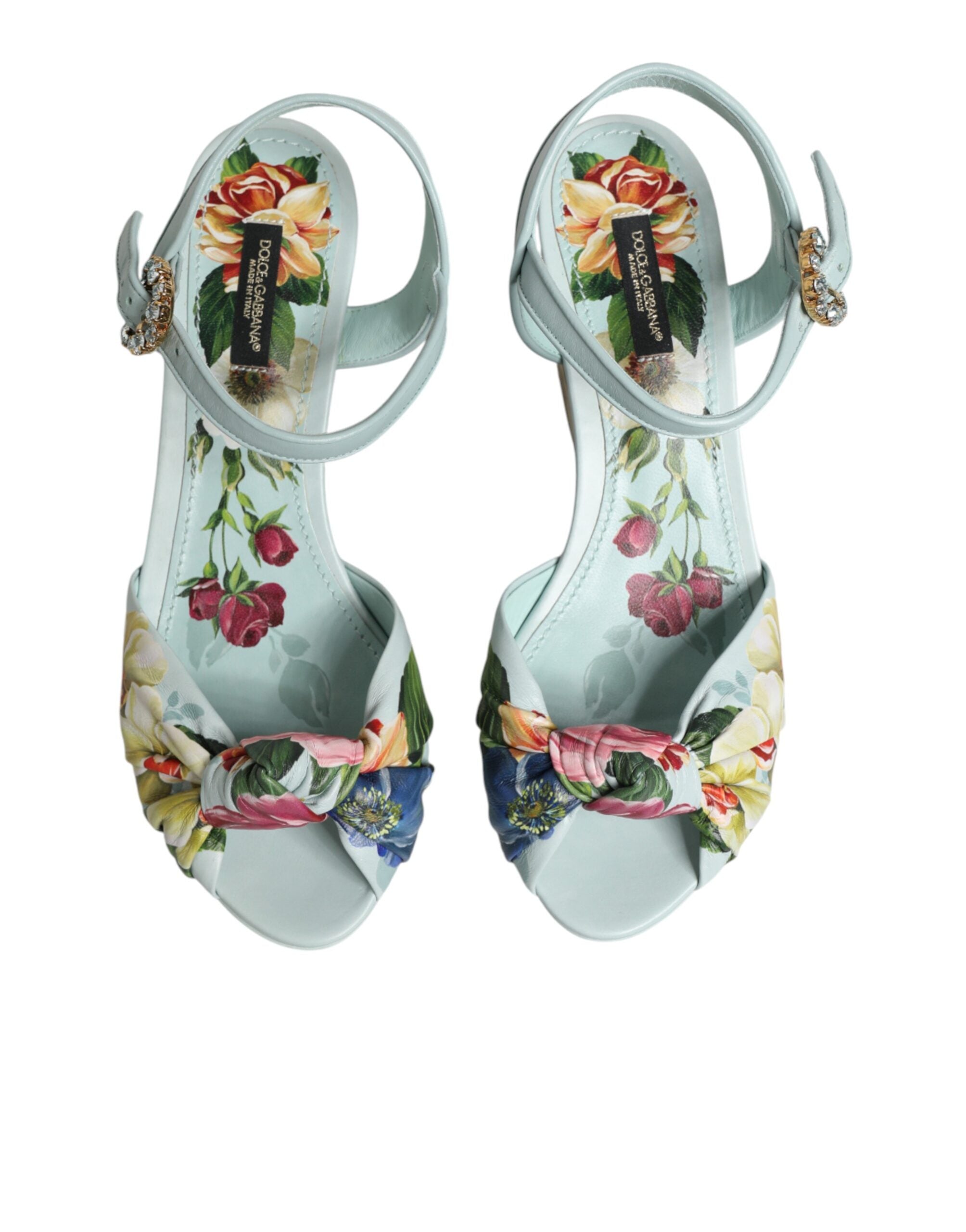 Dolce & Gabbana Green Floral Ankle Strap Wedge Sandals Women's Shoes