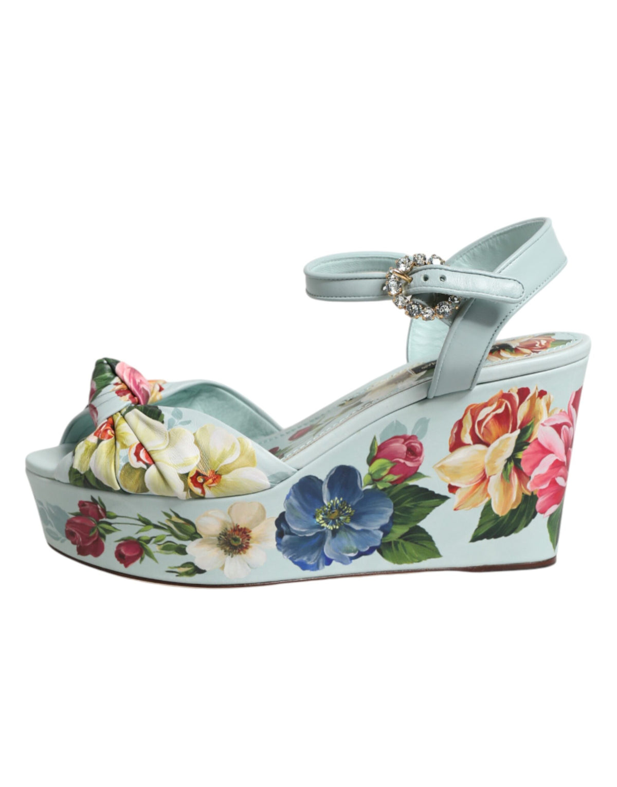 Dolce & Gabbana Green Floral Ankle Strap Wedge Sandals Women's Shoes
