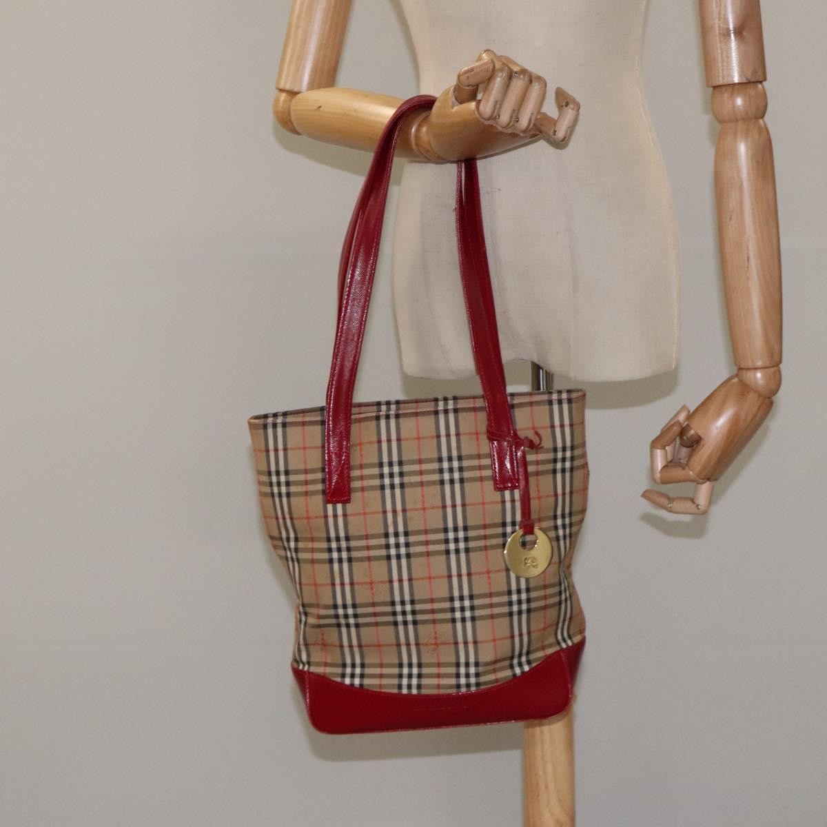 Burberry Nova Check Tote Canvas And Leather Red Canvas Tote Bag Bag (Pre-Owned)