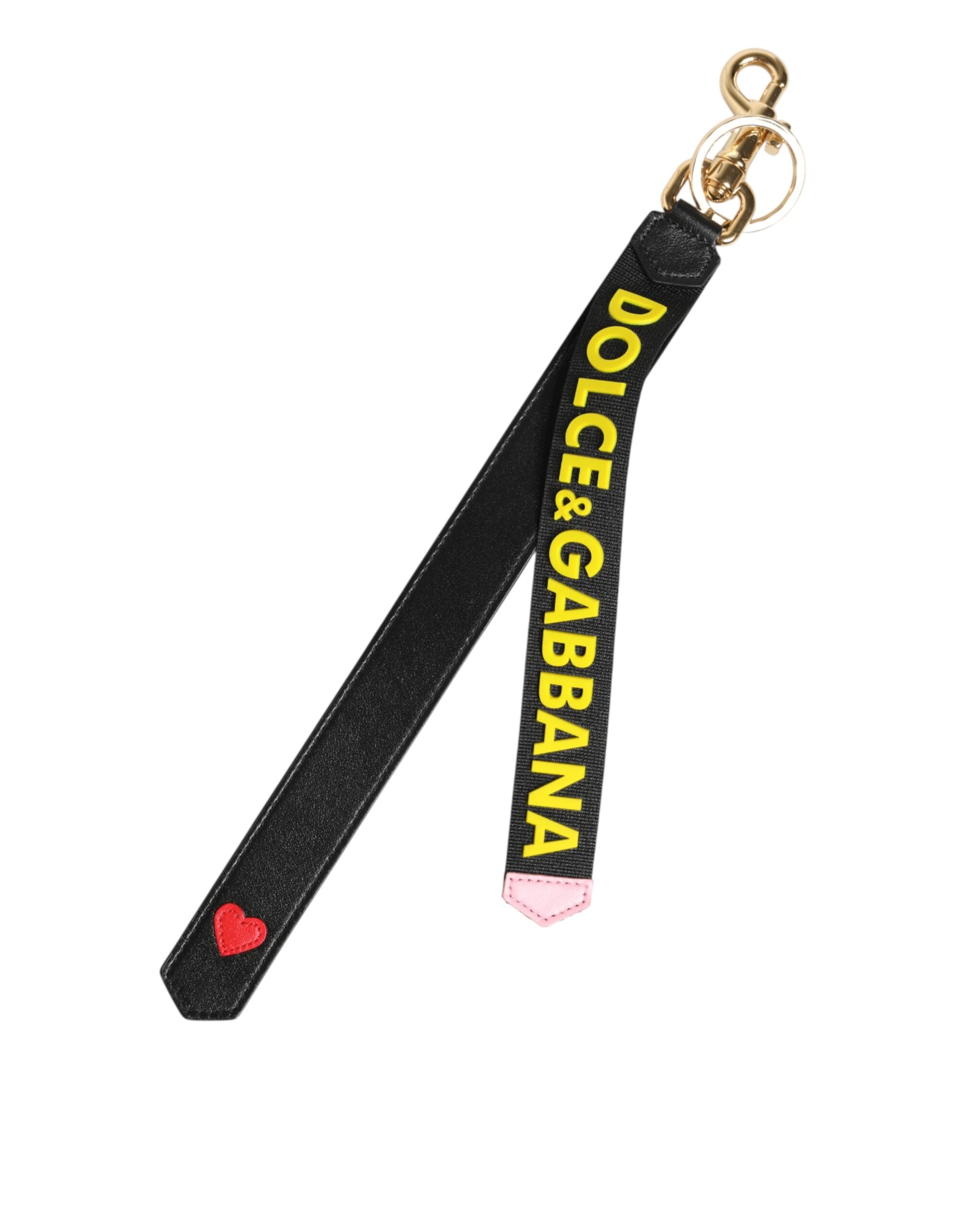 Dolce & Gabbana Black Yellow Logo Letaher Brass Holder Keychain  Keyring