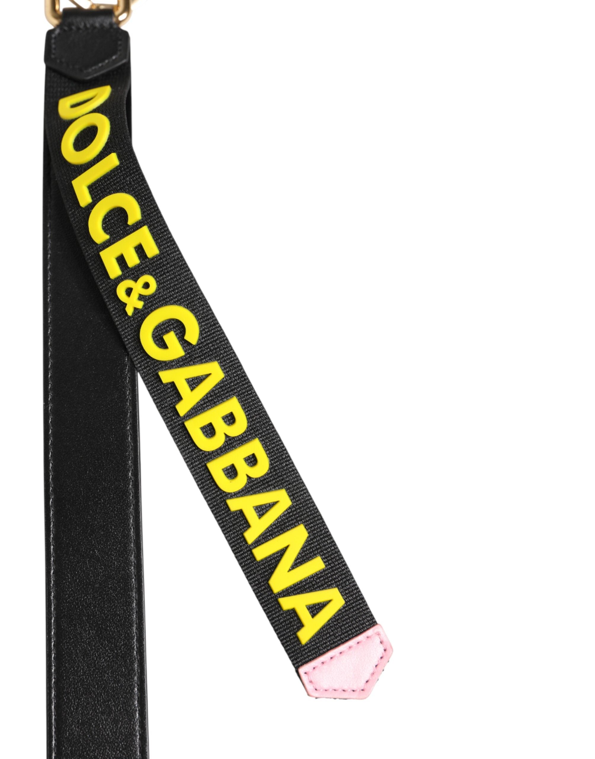 Dolce & Gabbana Black Yellow Logo Letaher Brass Holder Keychain  Keyring