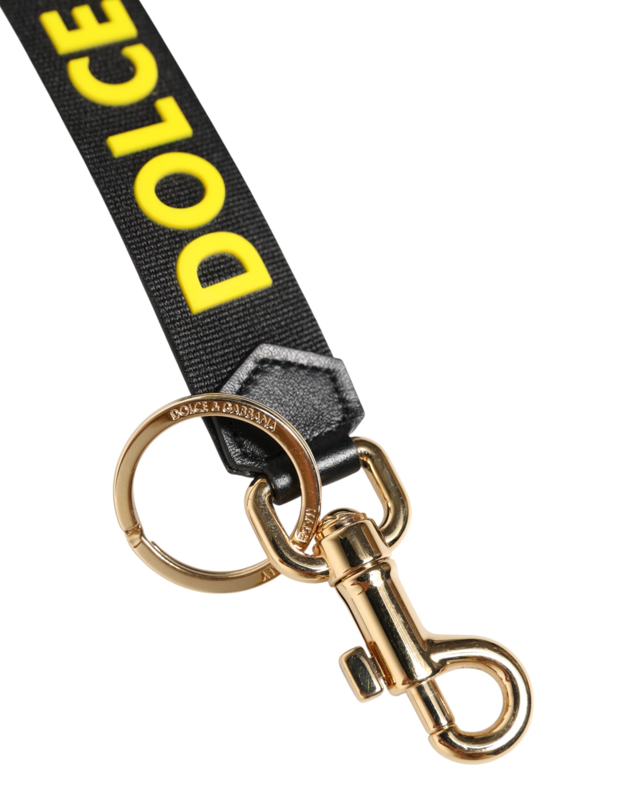 Dolce & Gabbana Black Yellow Logo Letaher Brass Holder Keychain  Keyring