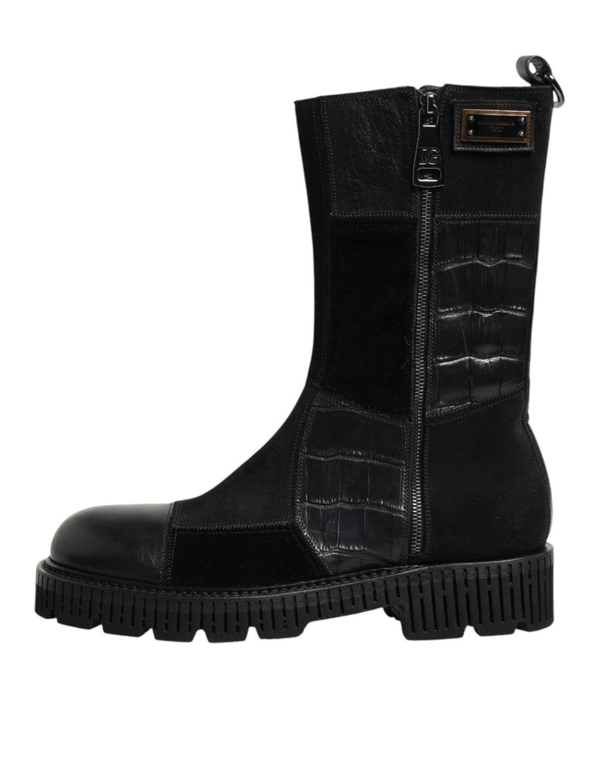 Dolce & Gabbana Black Patchwork Leather Mid Calf Boot  Men's Shoes