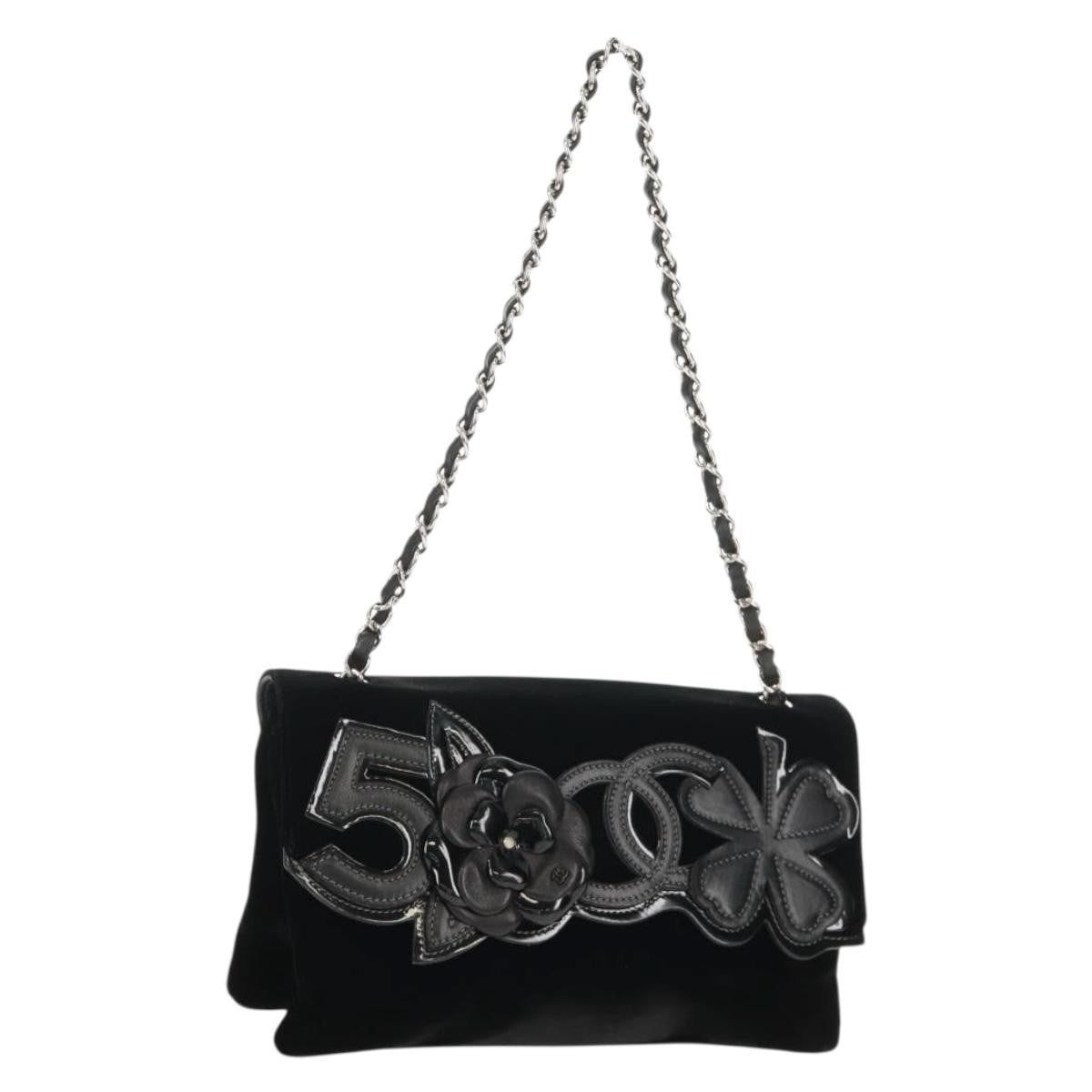 Chanel Camellia No.5 Chain Flap Velvet Black Velvet Shoulder Bag Bag (Pre-Owned)