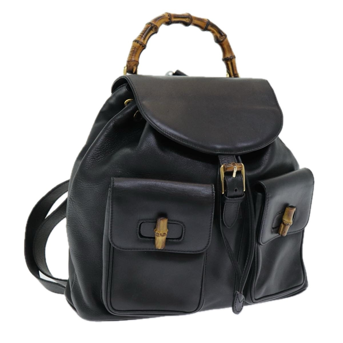 Gucci Vintage Bamboo Leather Black Leather Backpack Bag (Pre-Owned)