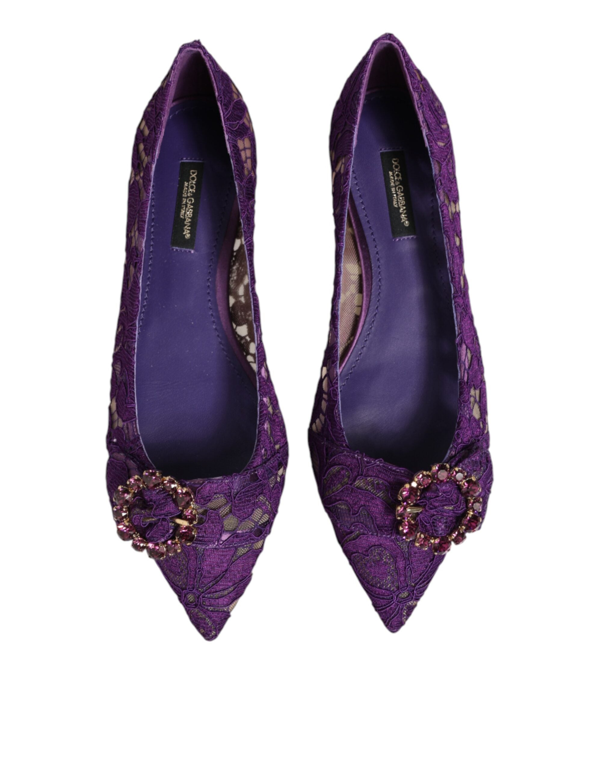 Dolce & Gabbana Purple Taormina Lace Crystals Flats Women's Shoes