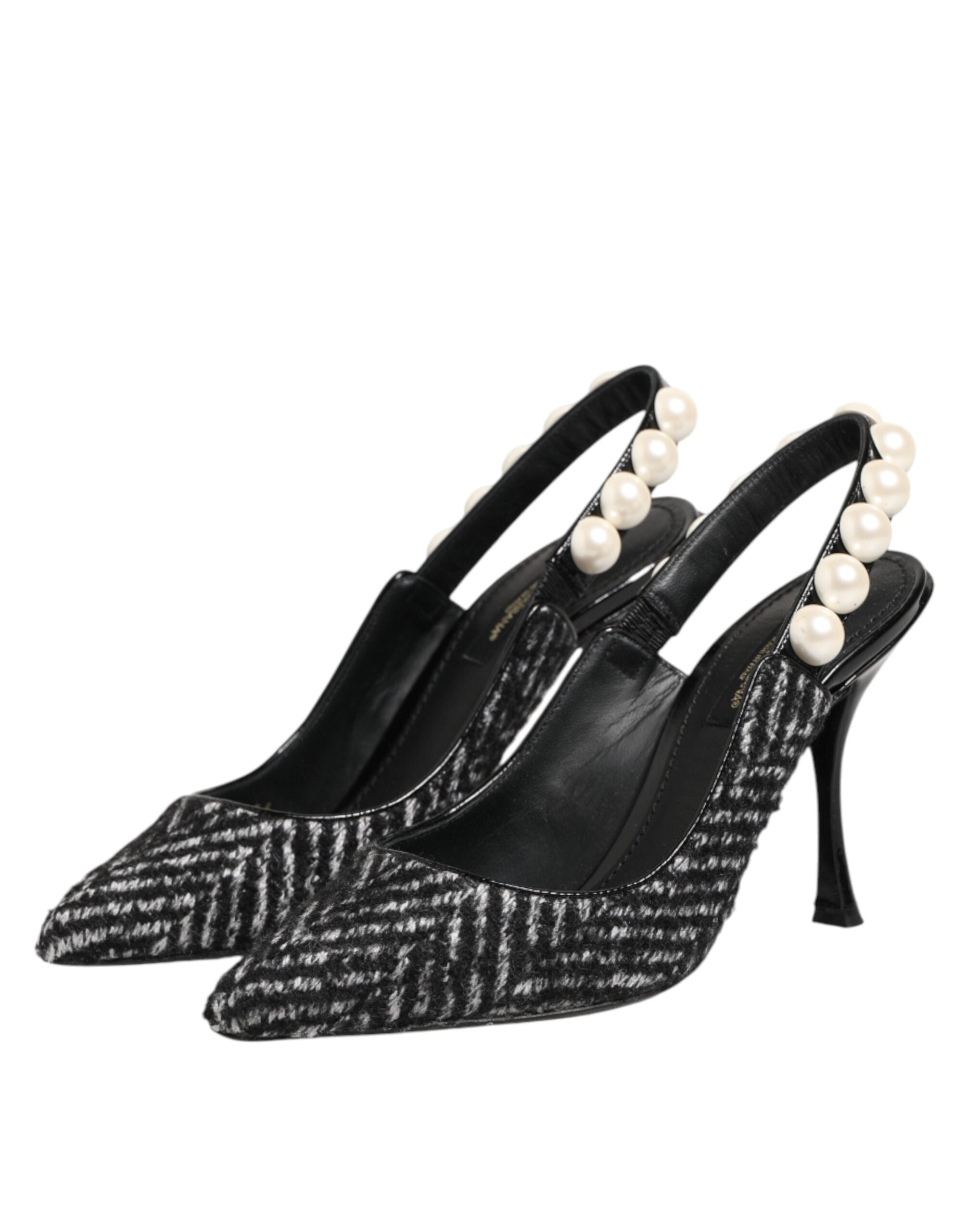 Dolce & Gabbana White Black Chevron Faux Pearl Slingbacks Women's Shoes