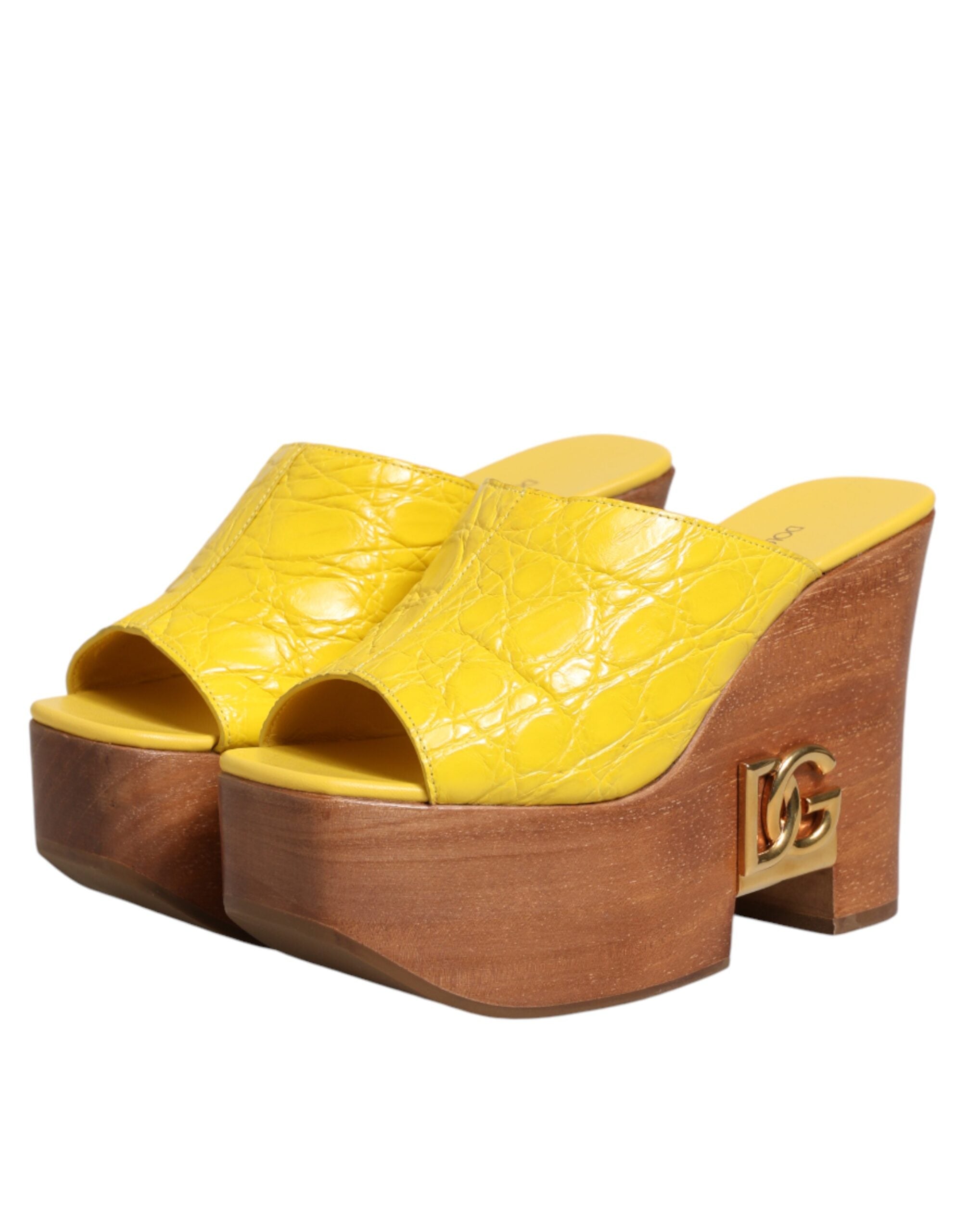 Dolce & Gabbana Yellow Leather Wood Mule Wedge Slides Women's Shoes