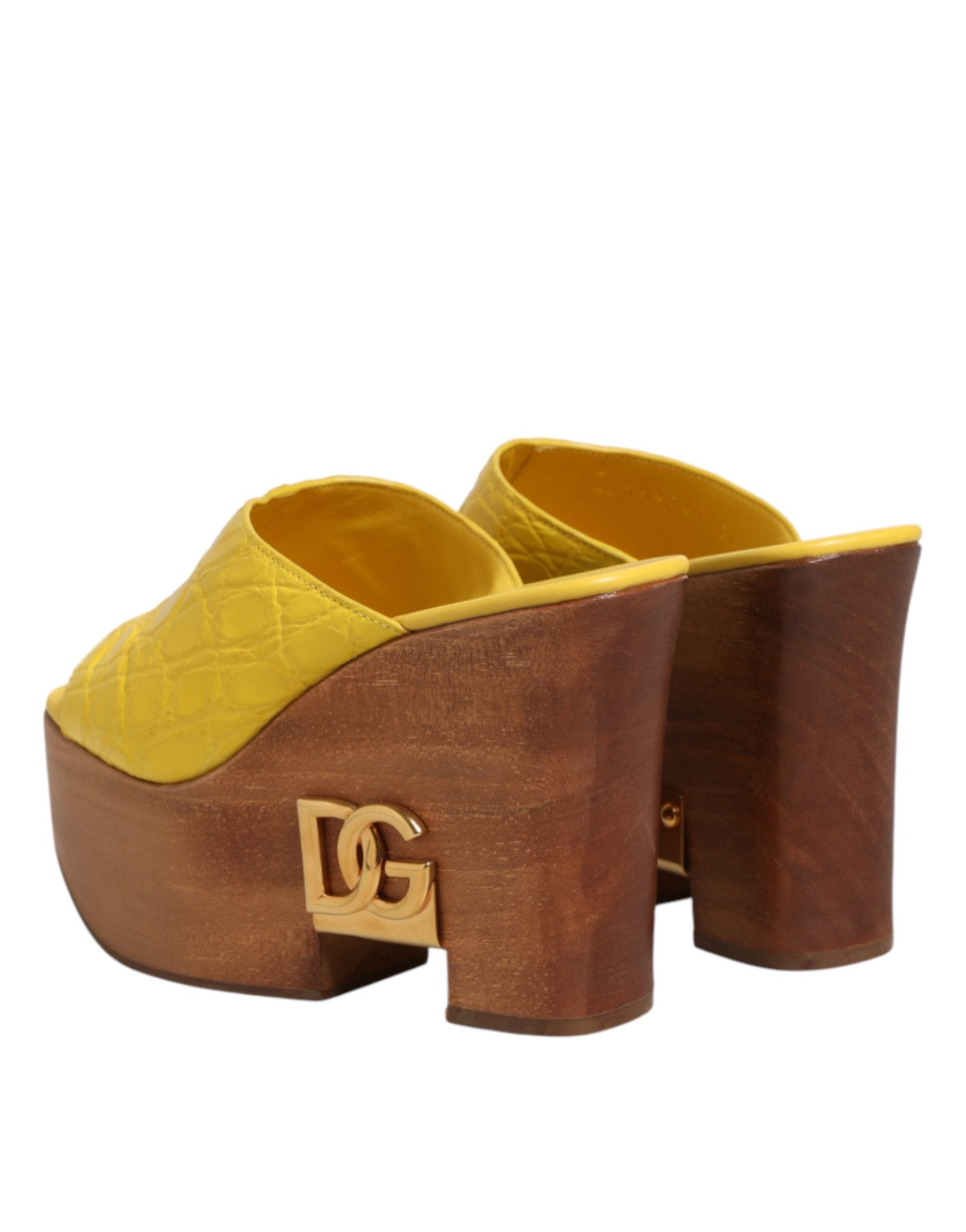 Dolce & Gabbana Yellow Leather Wood Mule Wedge Slides Women's Shoes